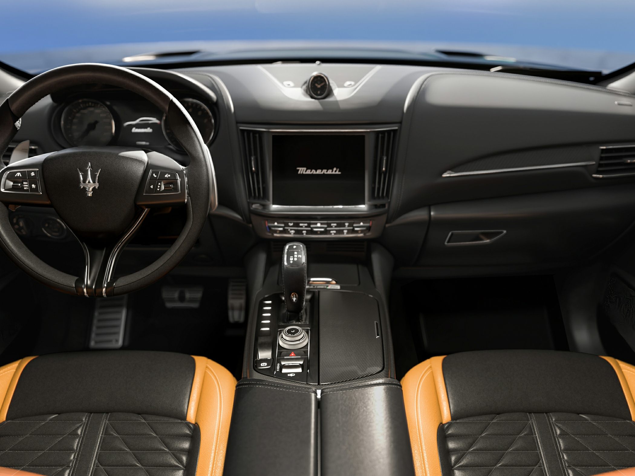 Luxury dashboard and steering wheel with leather-trimmed seats
