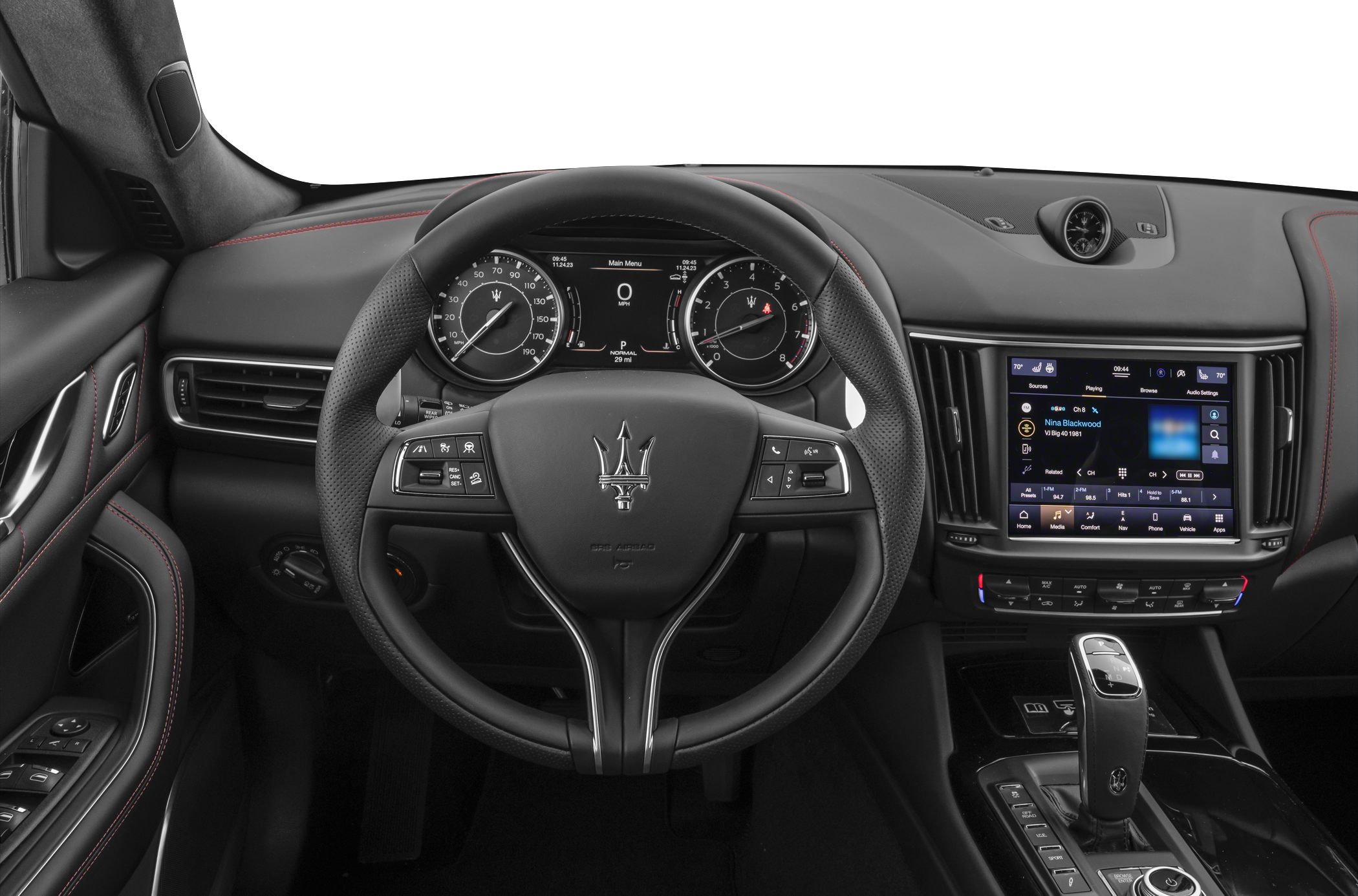 Luxury SUV interior with detailed dashboard and steering wheel