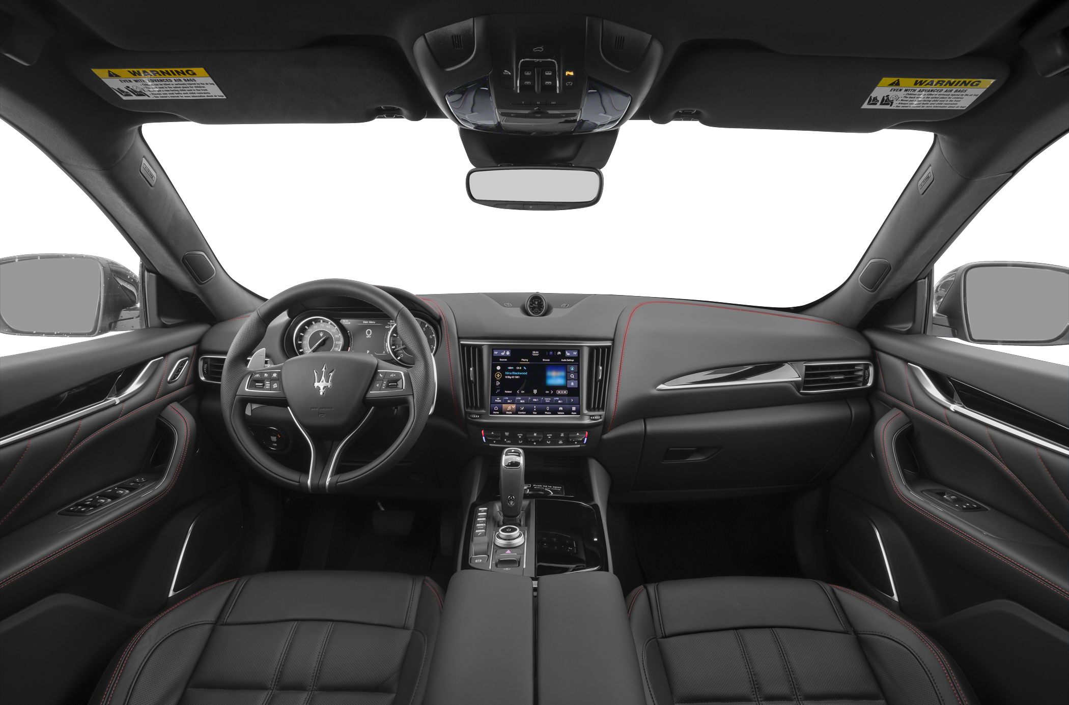 Luxury SUV interior with leather seats, touchscreen, and multi-function steering wheel