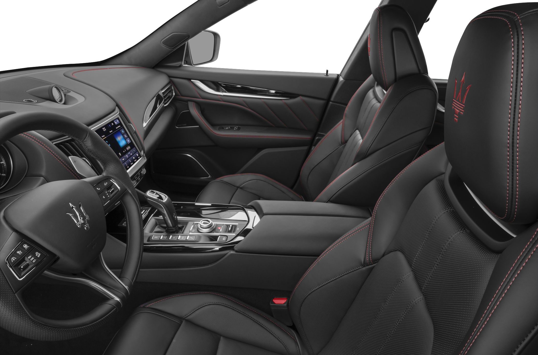 Luxury black leather interior with red stitching and advanced central console