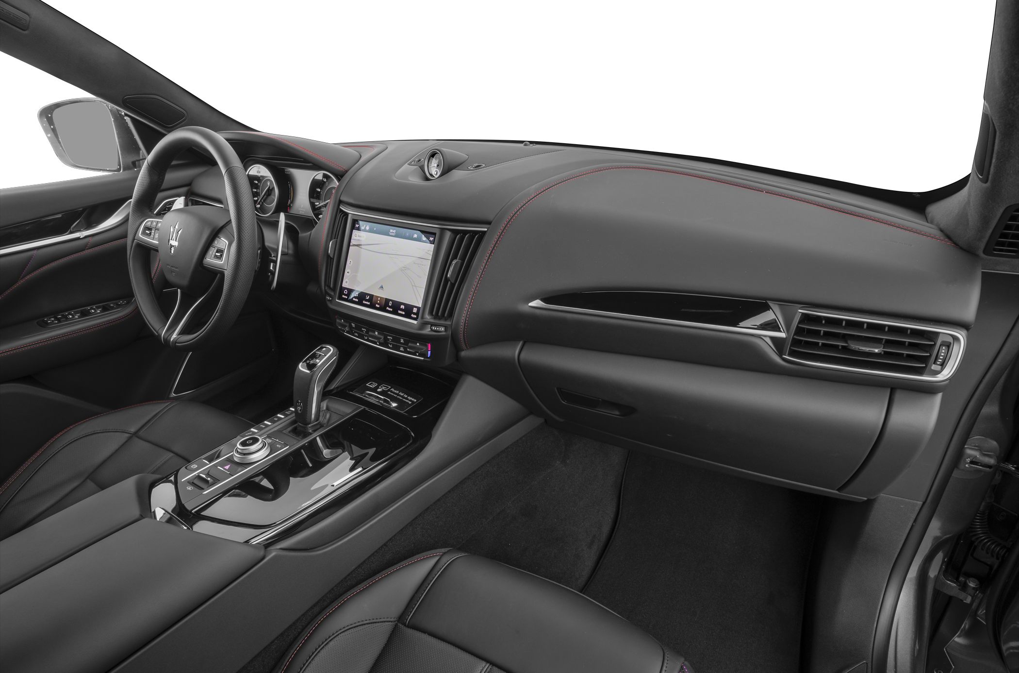 Luxury car interior with touchscreen navigation and sleek dashboard