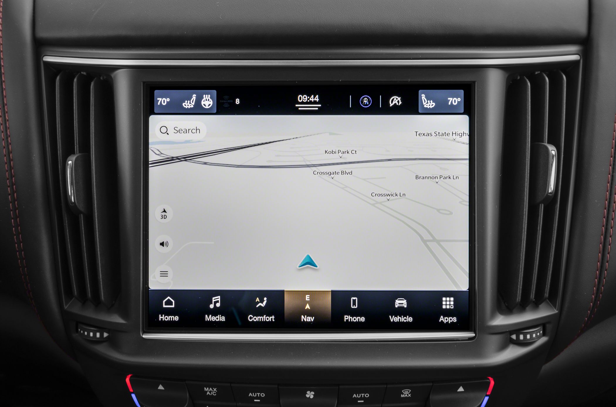 Touchscreen infotainment navigation display with climate control and heated seat icons