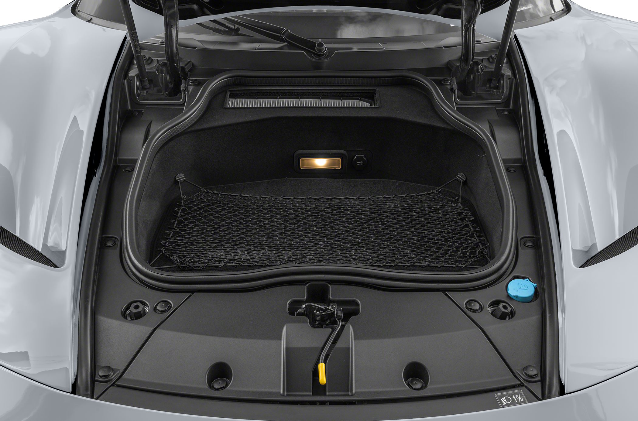 Front trunk storage with cargo net and interior light