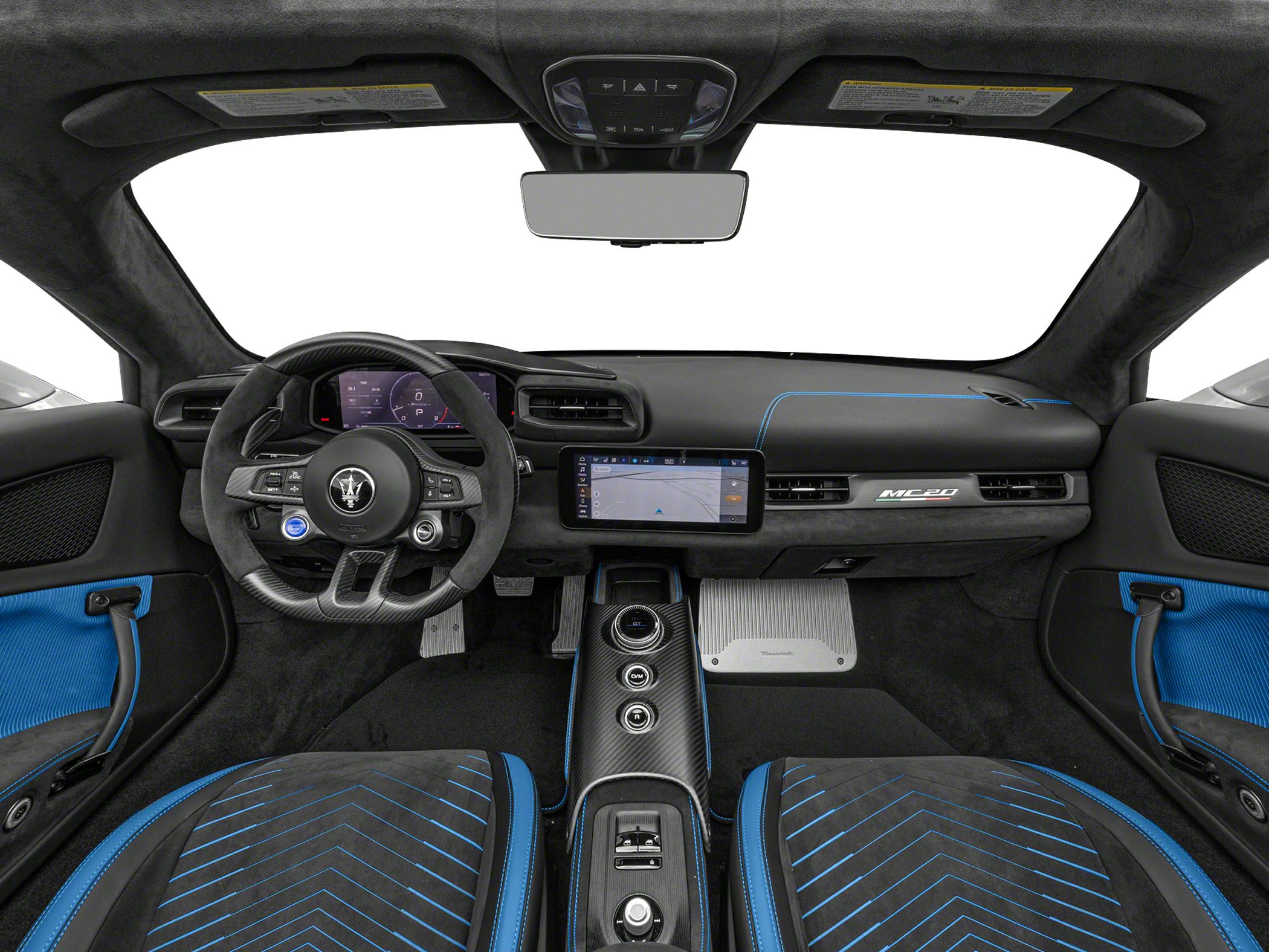 Luxury interior with carbon fiber steering wheel and digital dashboard