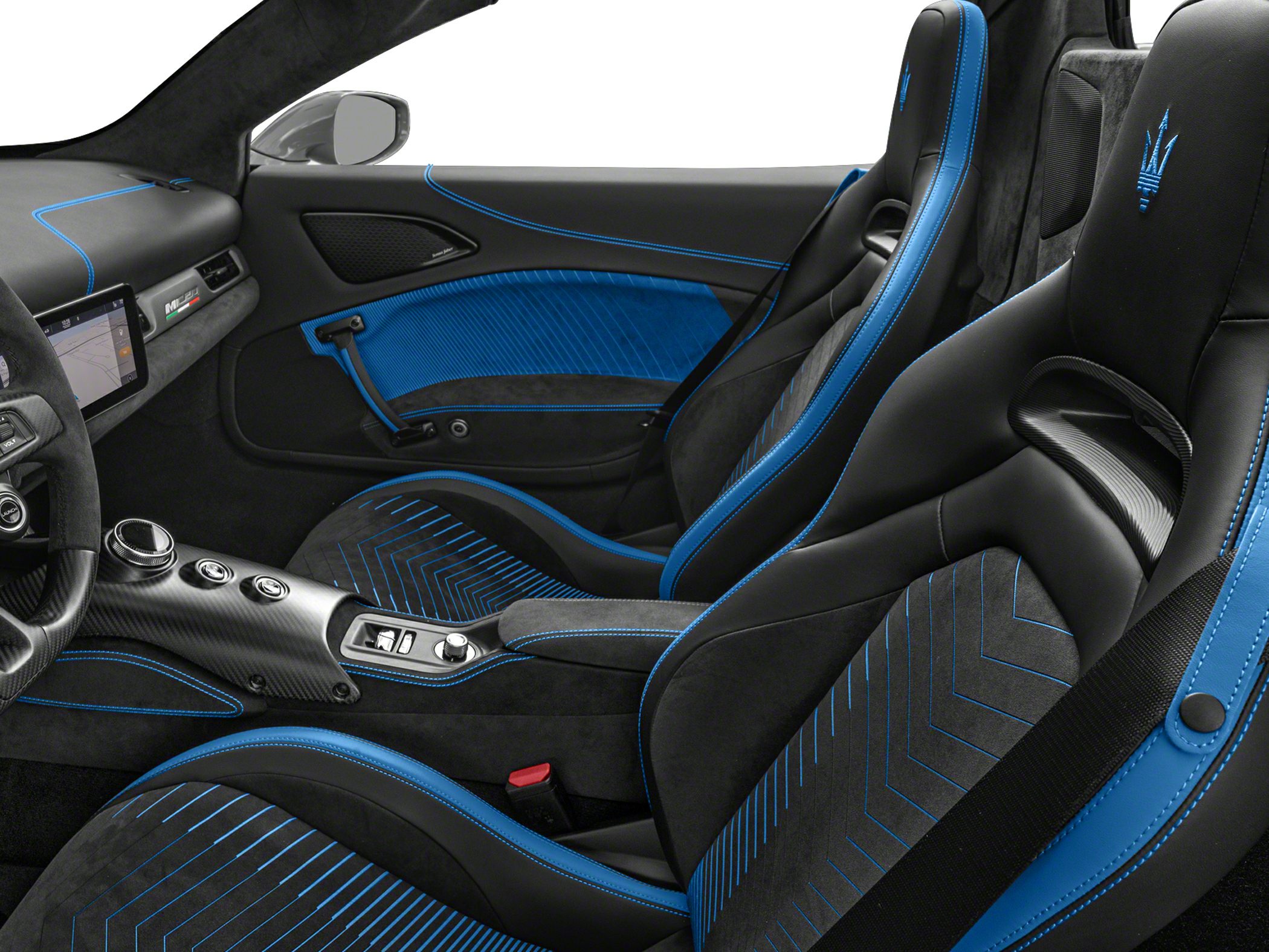 Sport seats with blue stitching and carbon fiber center console.