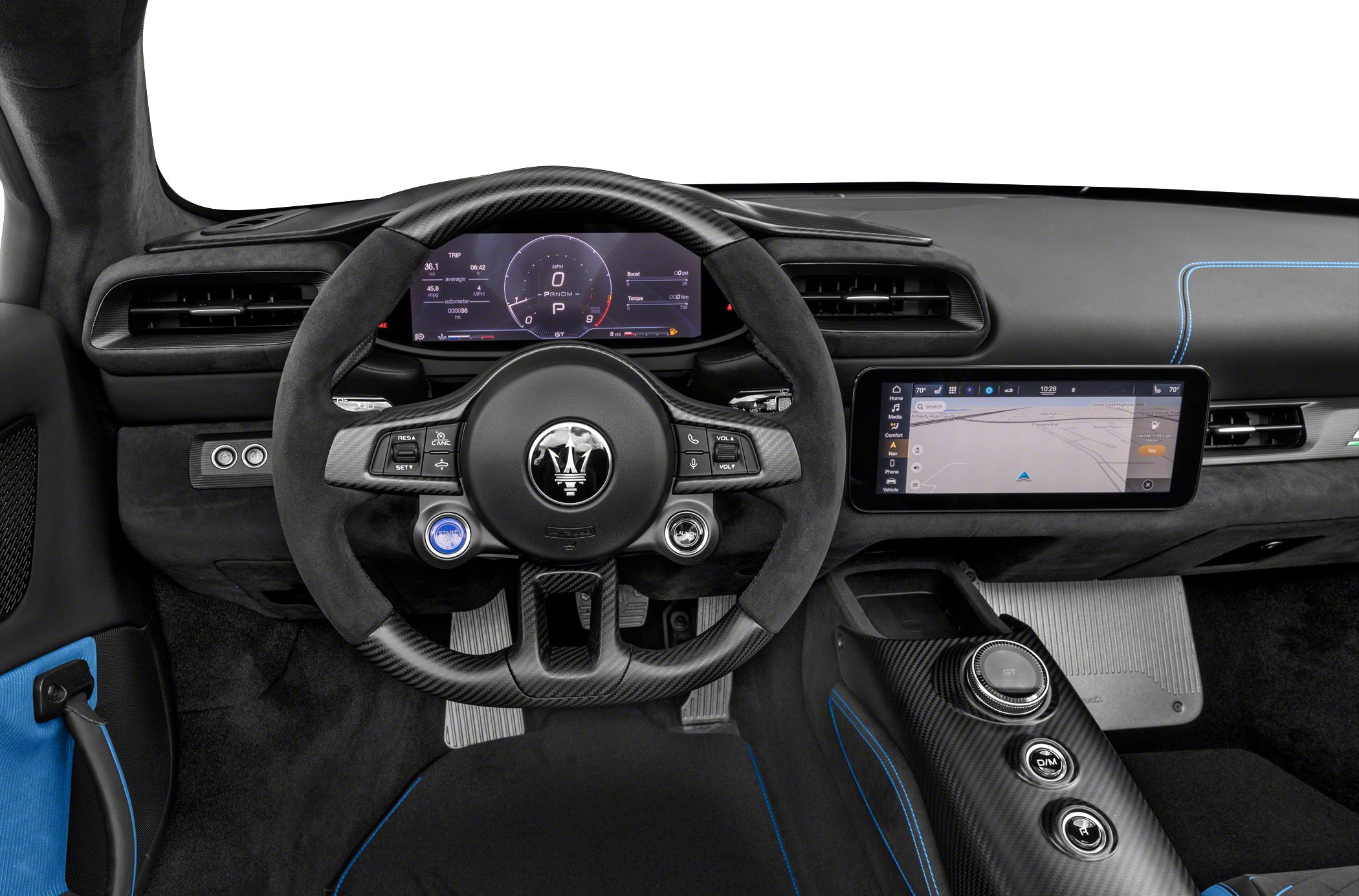 Digital dashboard and carbon fiber steering wheel with navigation display