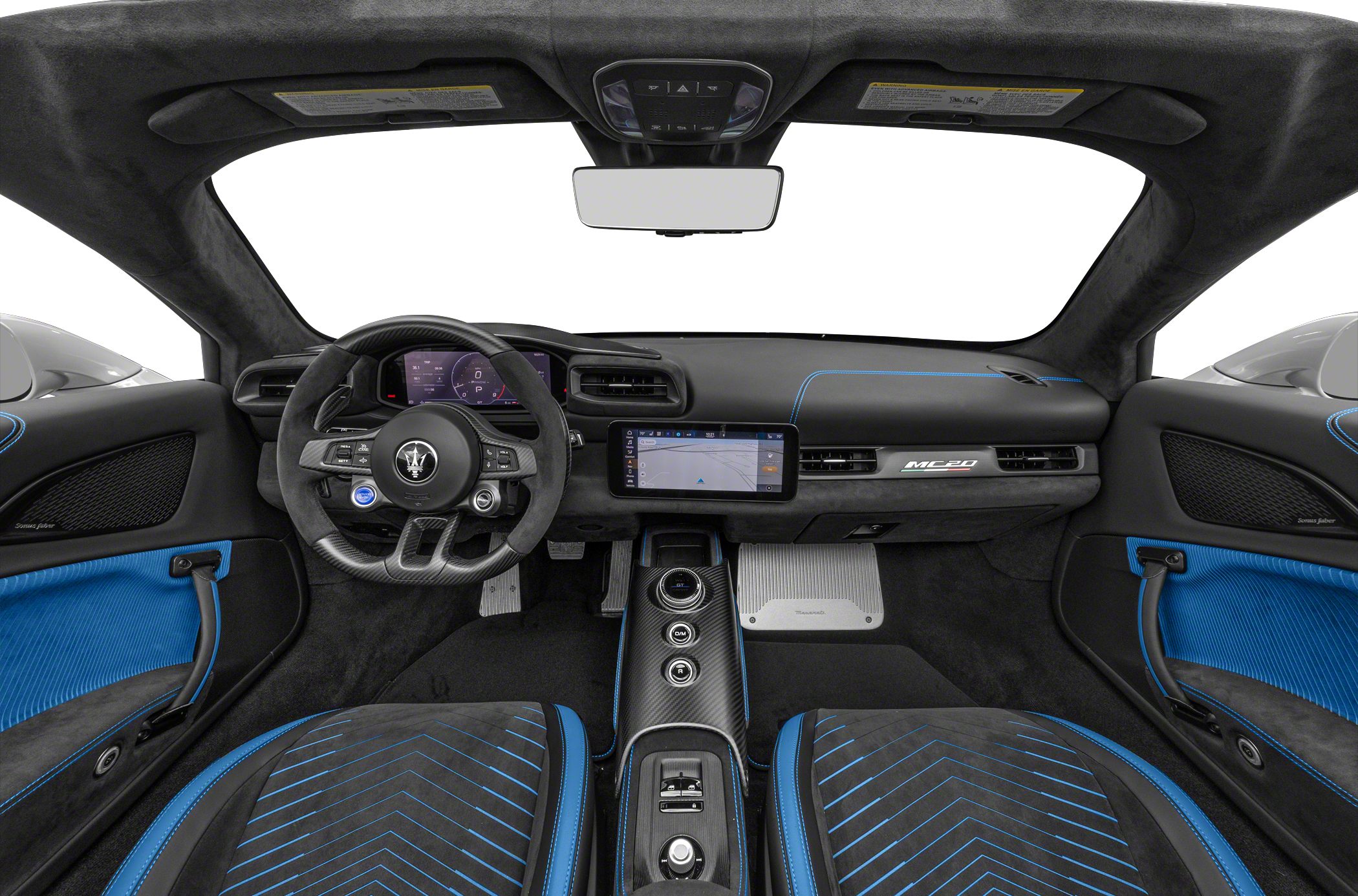 Luxury interior with digital dashboard, carbon fiber trim, and blue-accented seats