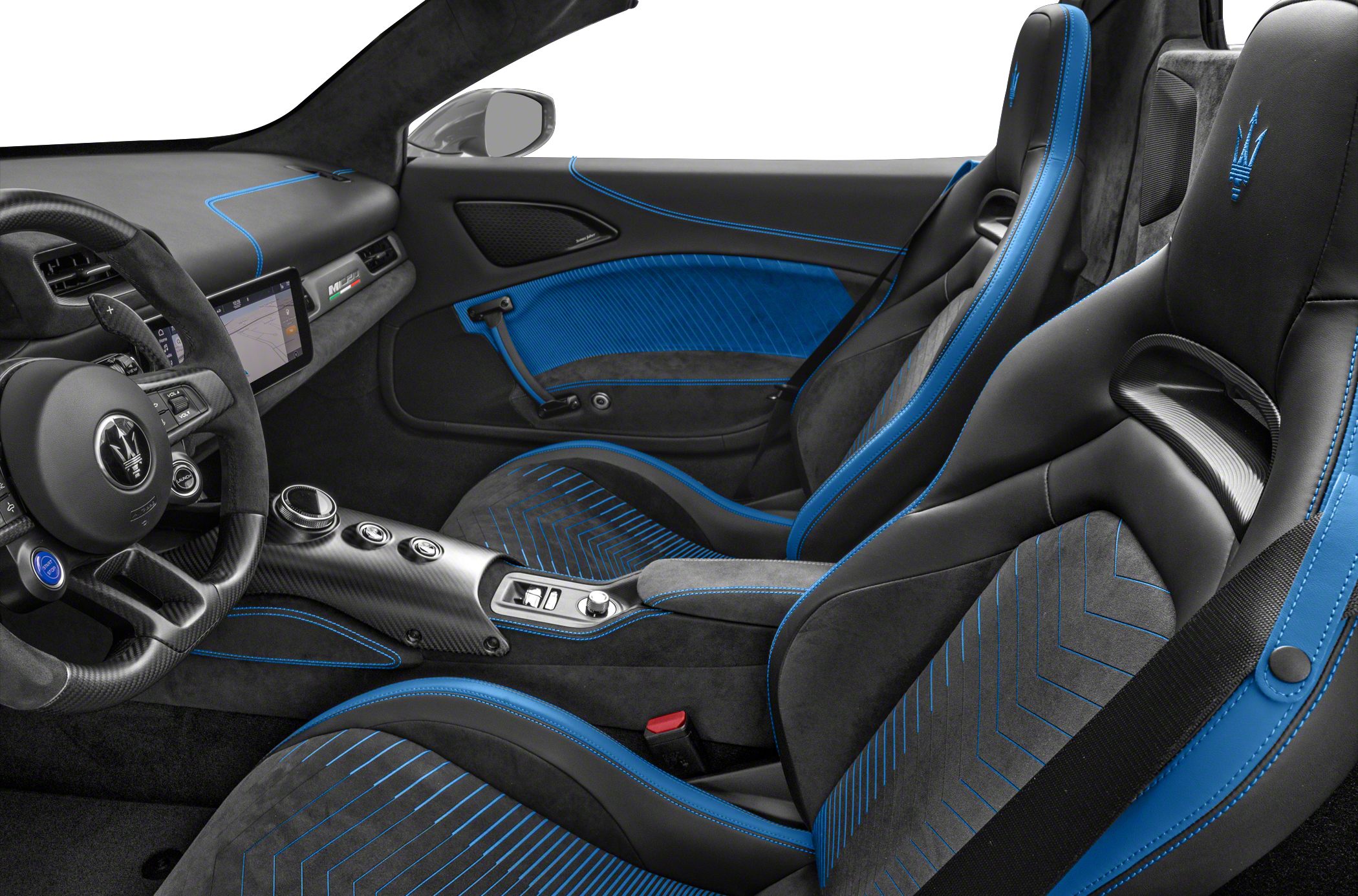 Sports seats with blue stitching and carbon fiber trim in a luxury interior