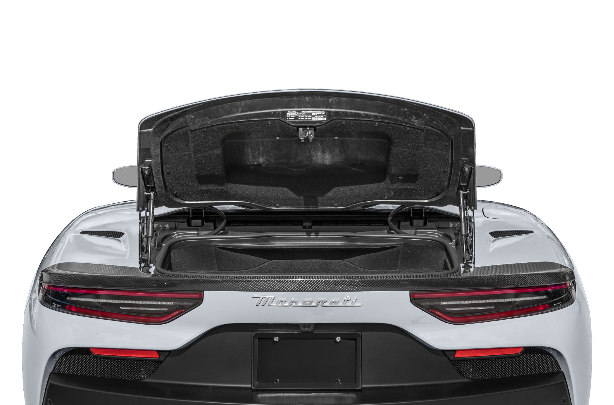 Rear trunk open with lightweight storage compartment and aerodynamic rear design