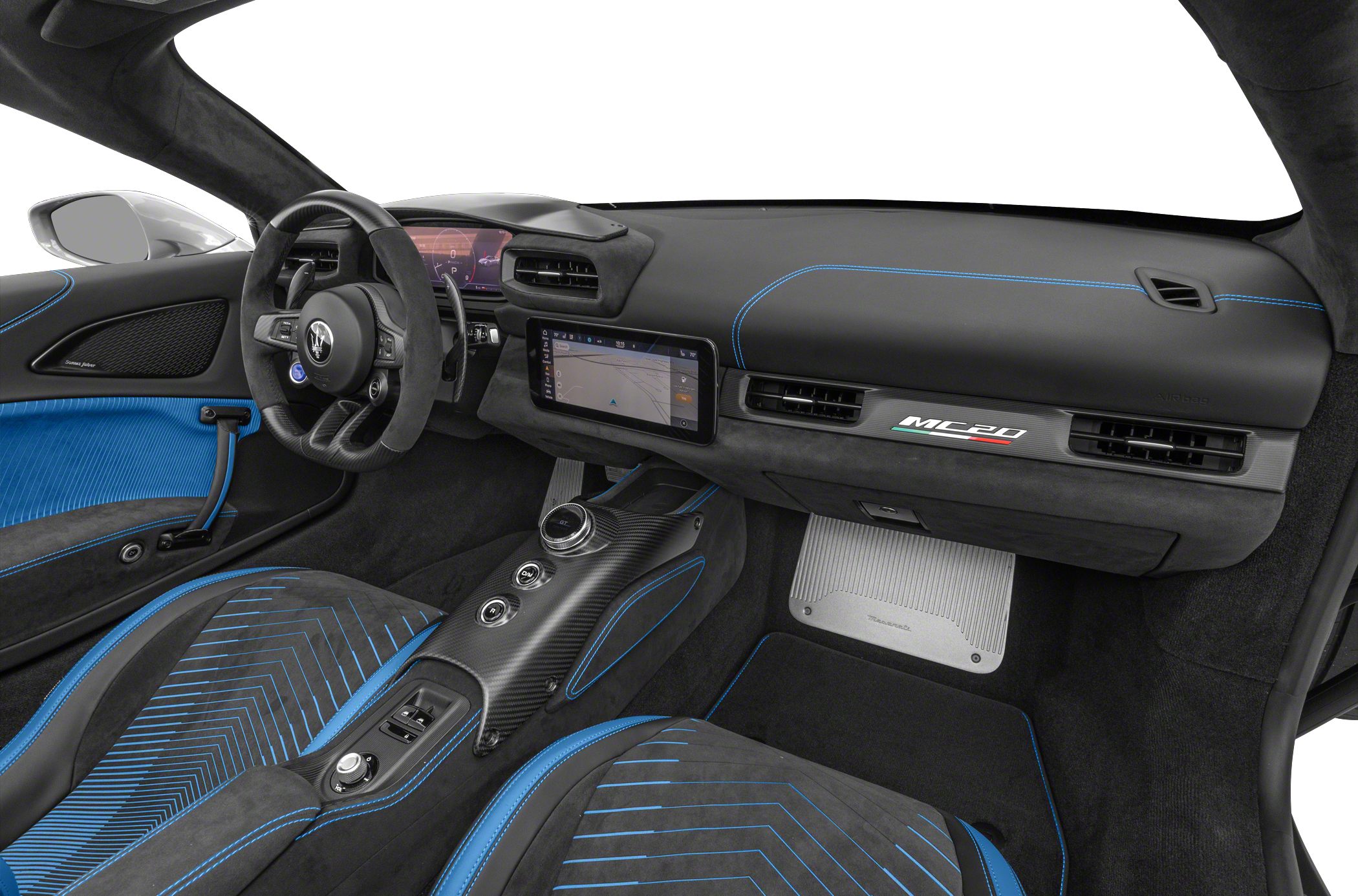 Interior with carbon fiber trim and blue accent stitching