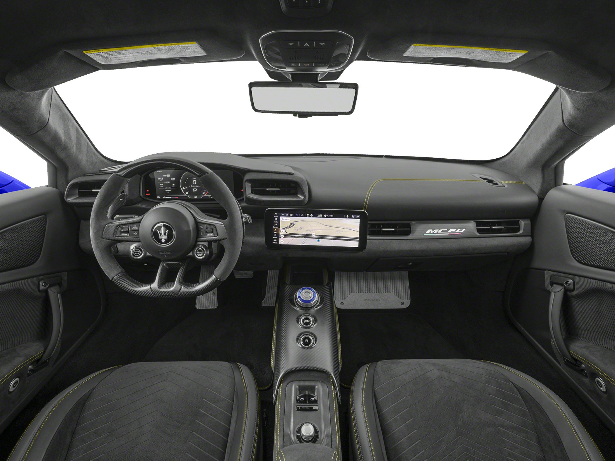 Modern luxury car interior with digital dashboard and carbon fiber controls