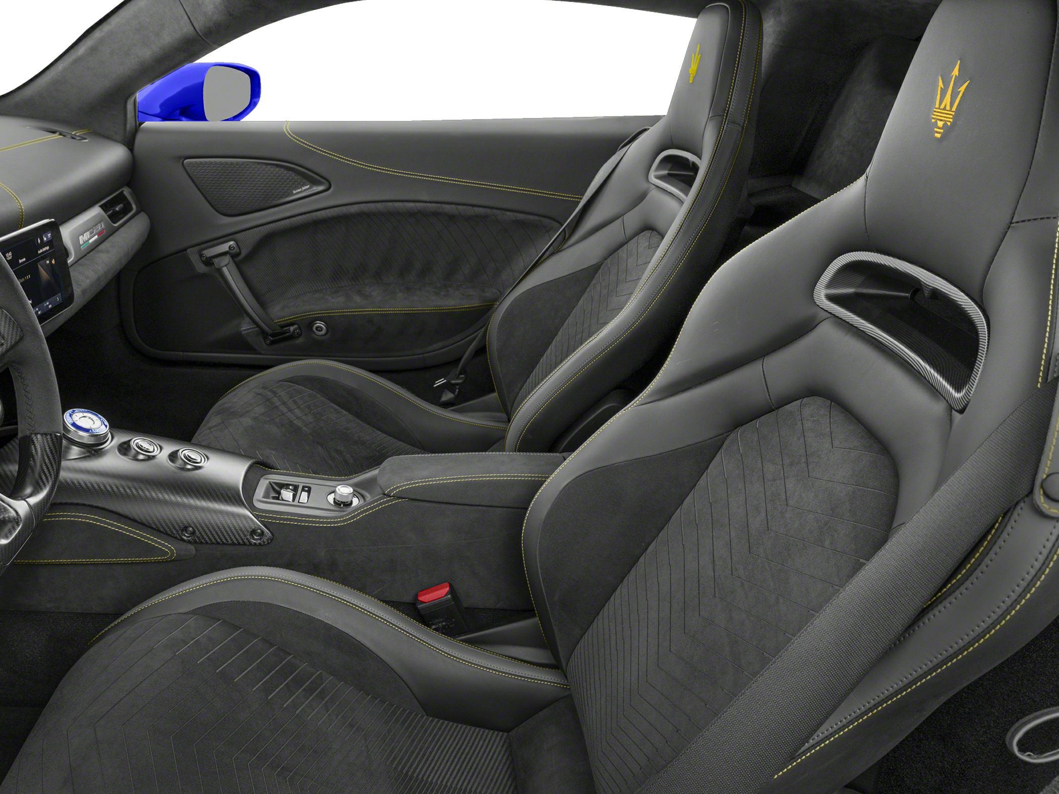Luxury sports seats with yellow stitching and carbon fiber trim