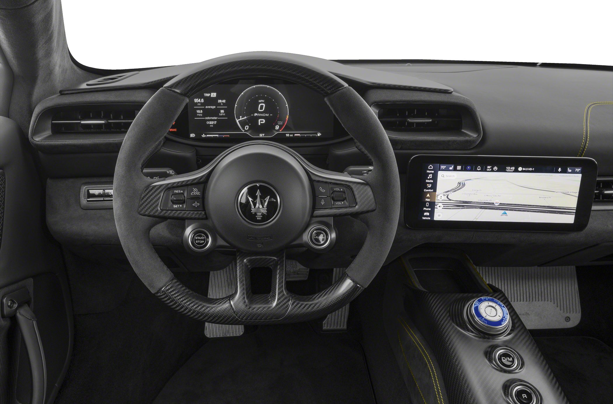 Carbon-fiber steering wheel and digital instrument cluster with infotainment display