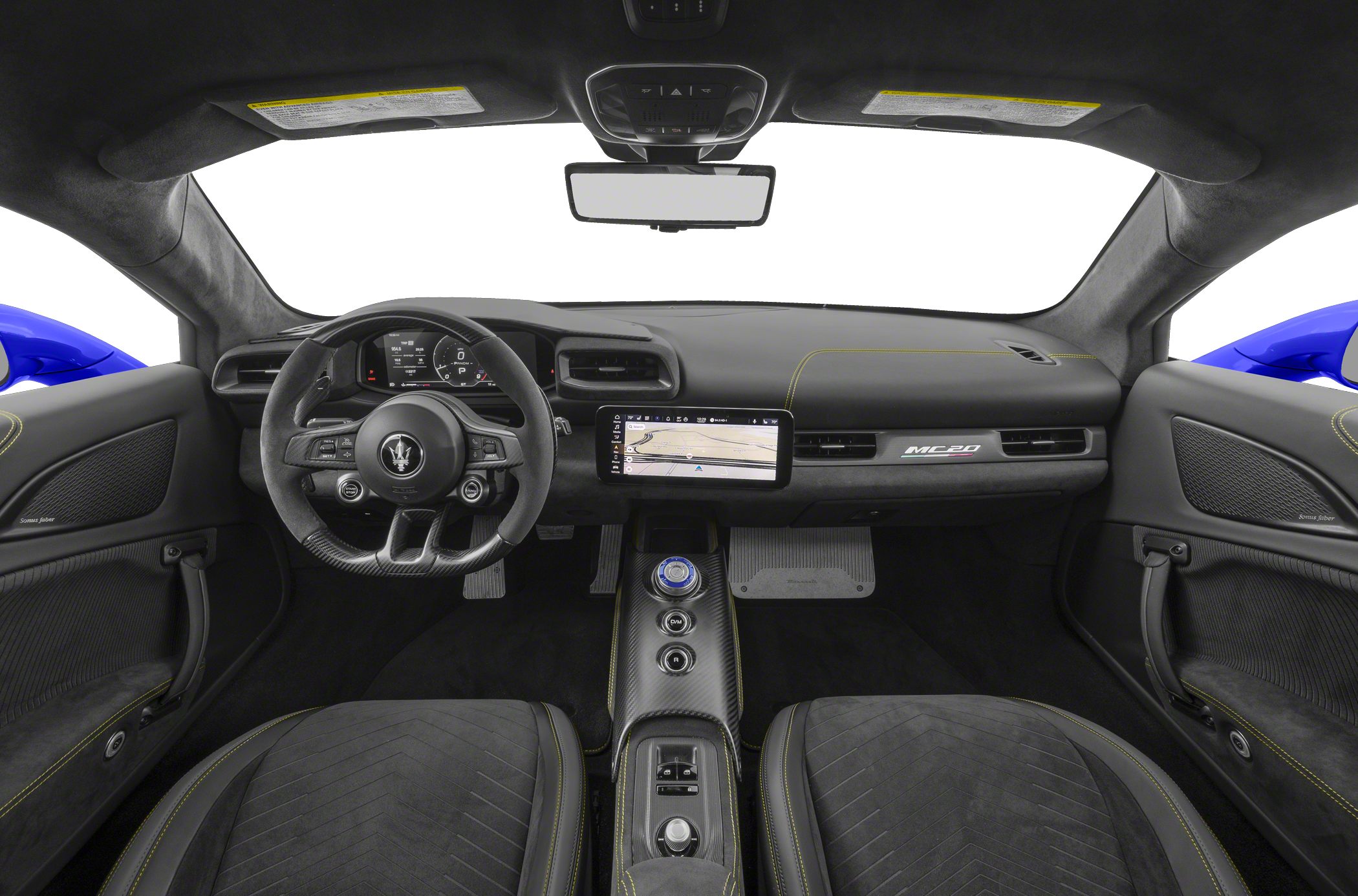 Luxury interior dashboard with digital cluster and carbon fiber center console.