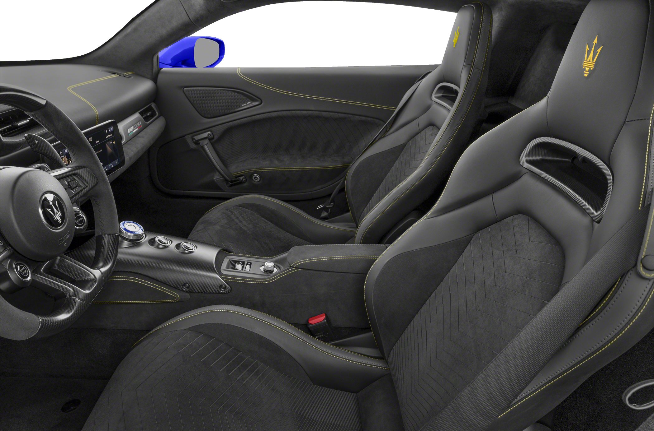 Close-up of luxury sports seats and carbon fiber center console with yellow stitching.
