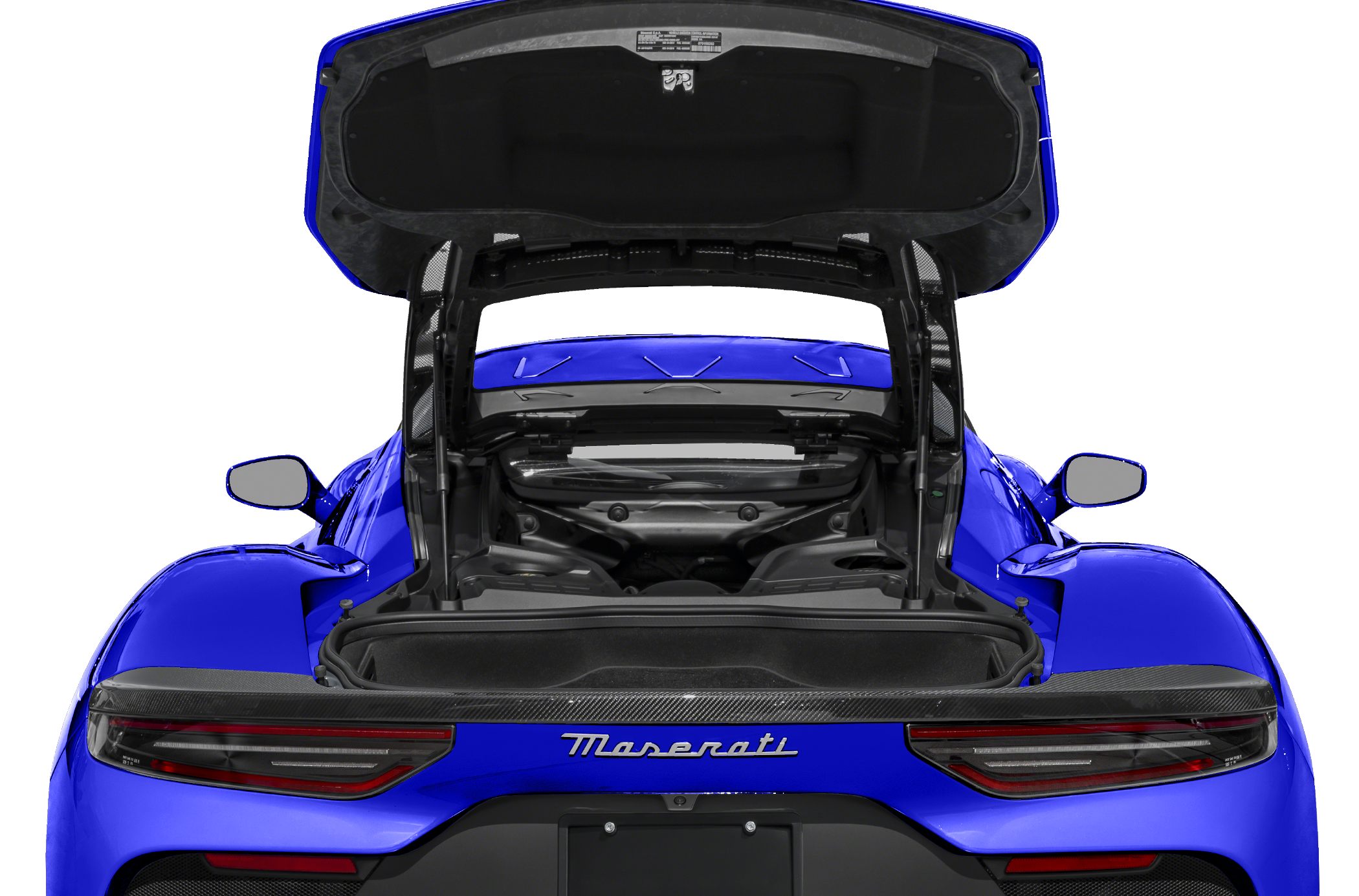 Open rear trunk and engine bay with rear lights and mirrors