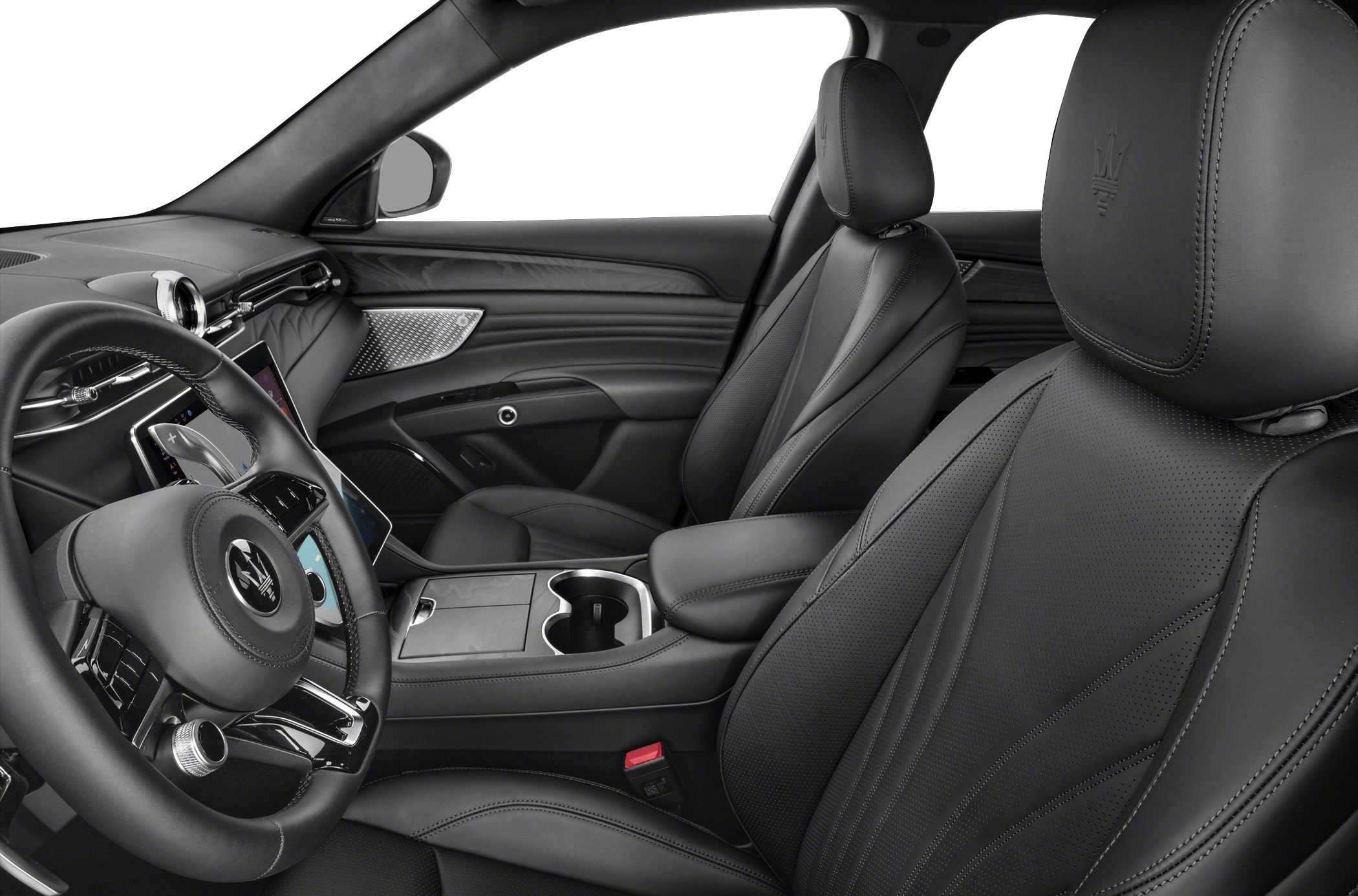 Black leather luxury seats with steering wheel and modern dashboard details