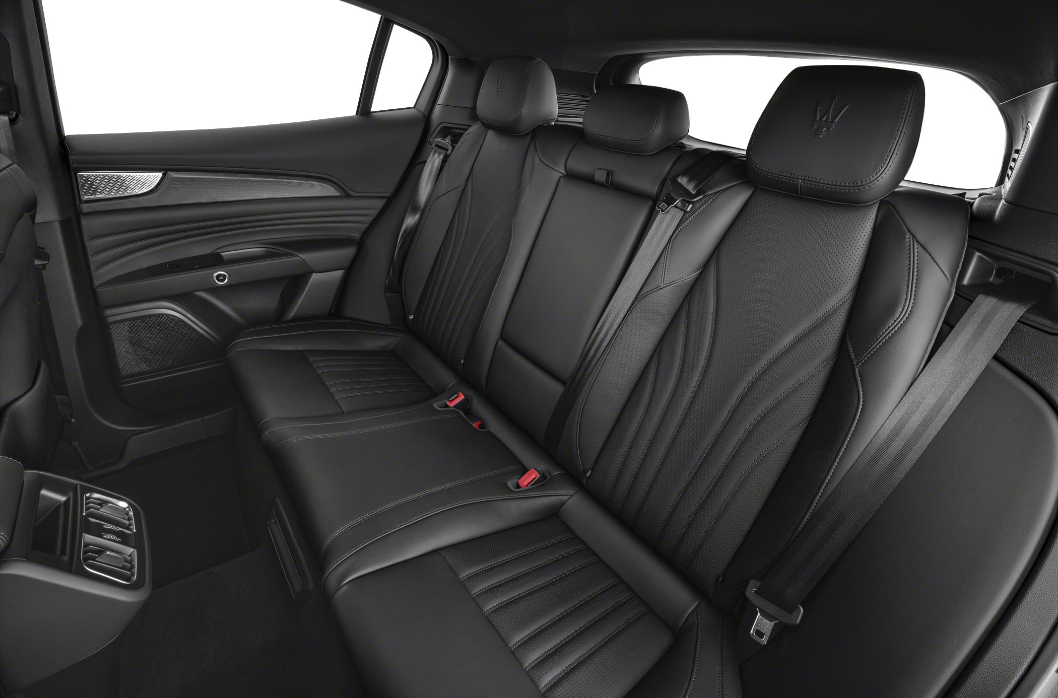 Black leather rear seats with detailed stitching and Maserati logos on headrests