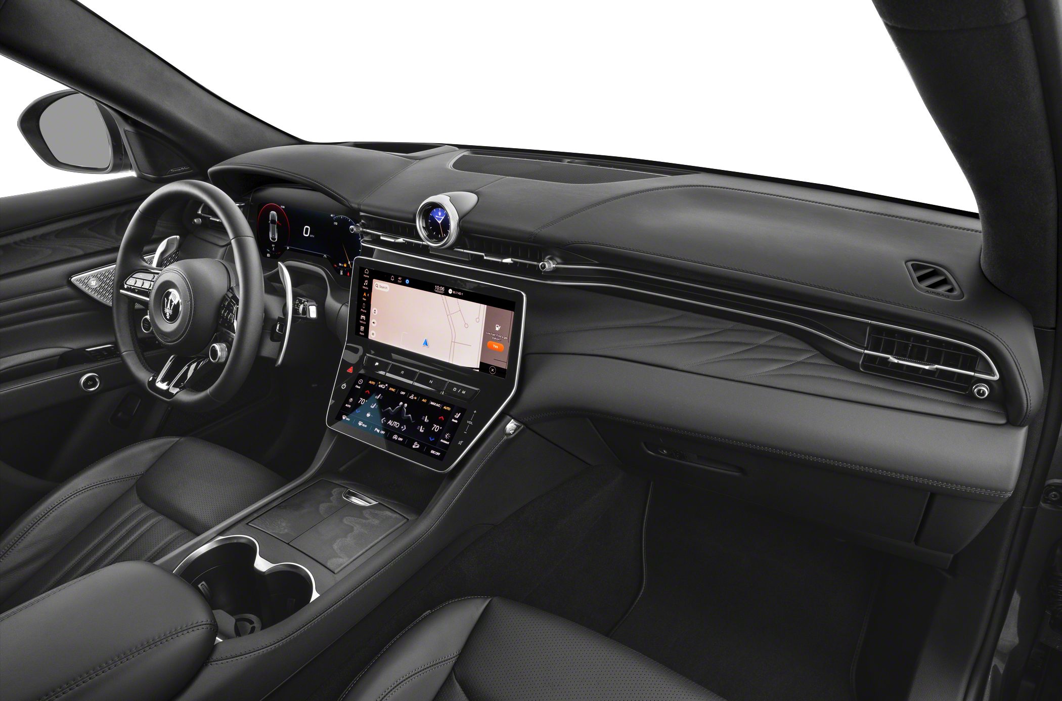 Dual touchscreen center stack, analog clock, digital instrument cluster interior