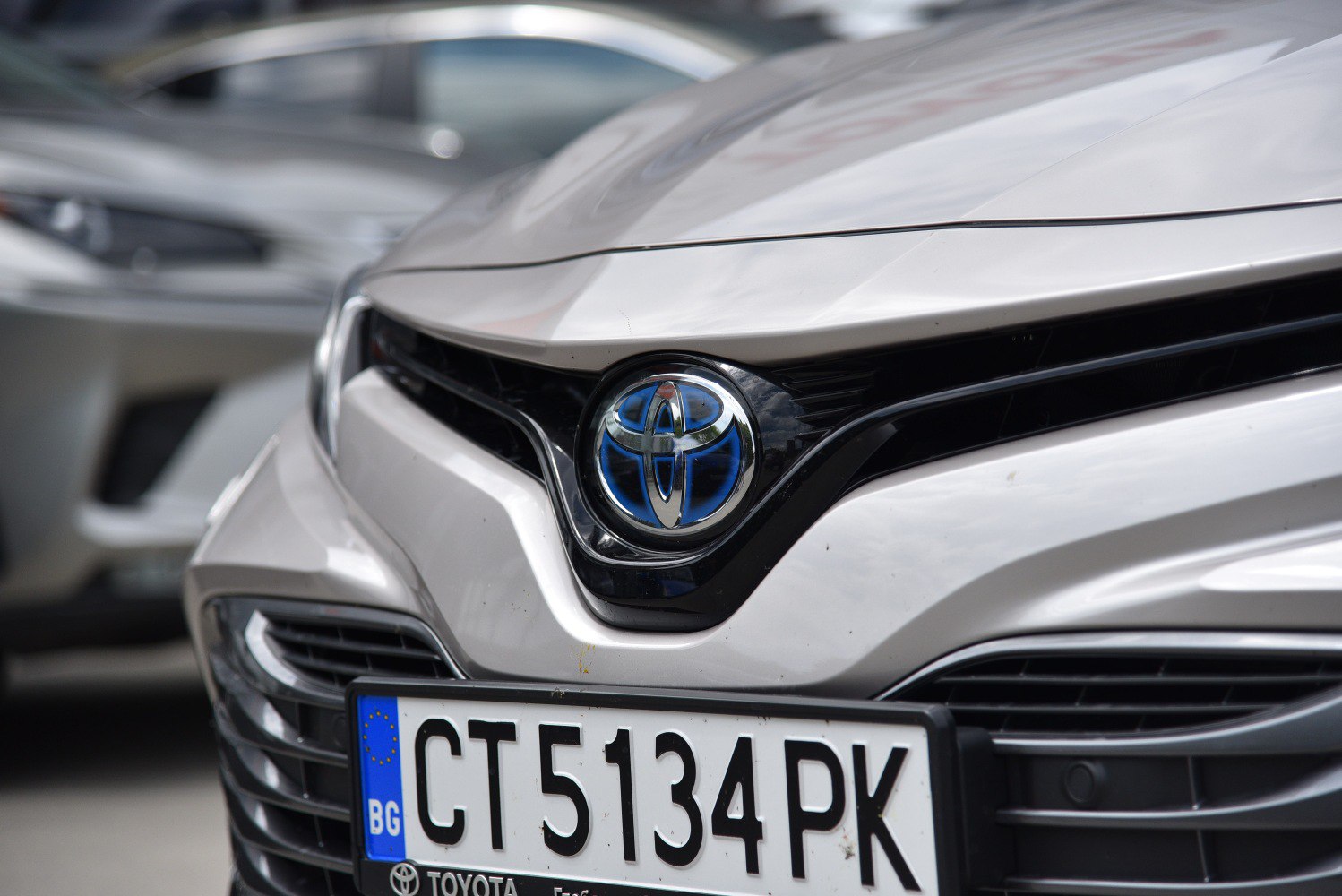 Close-up of front grille and emblem with license plate
