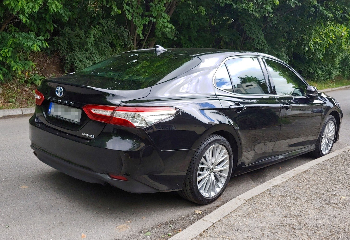 Sleek rear view with hybrid badge, modern taillights, and alloy wheels