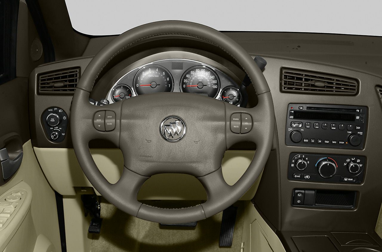 Steering wheel, instrument cluster, and dashboard controls in car interior