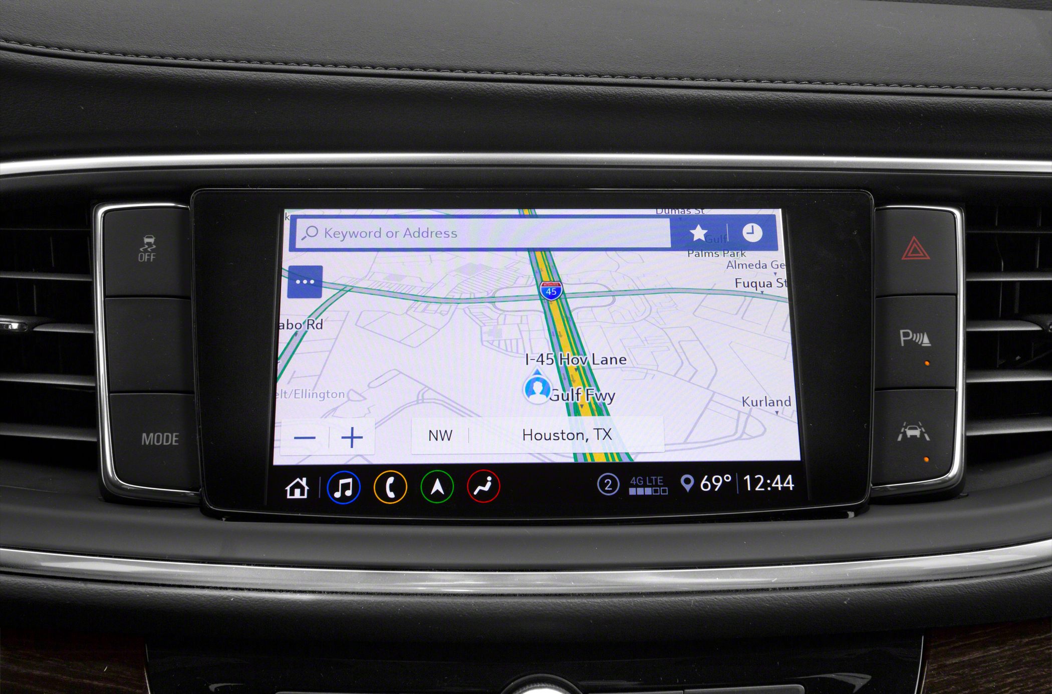 Car dashboard touchscreen navigation display with map and control icons