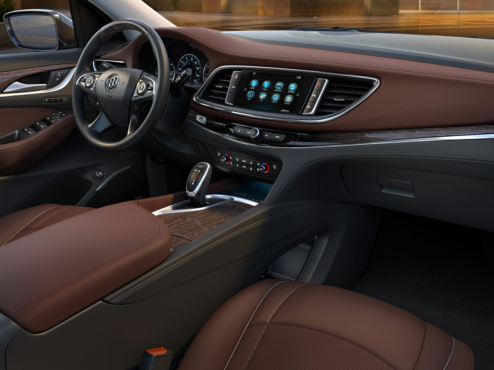 Luxury car interior with digital infotainment screen and brown leather upholstery