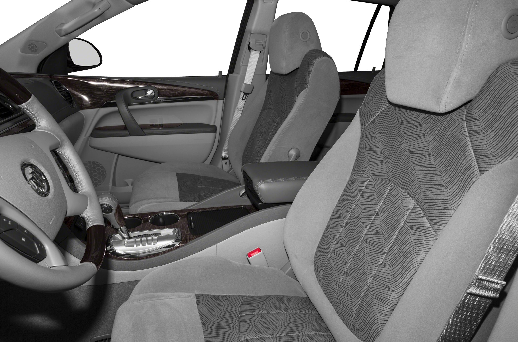 Wood trim interior and textured fabric seats in car cabin