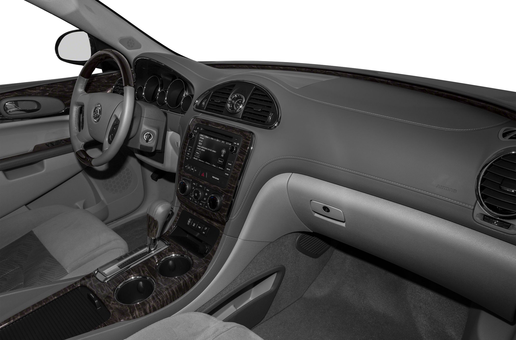 Luxury interior dashboard and center console with woodgrain trim