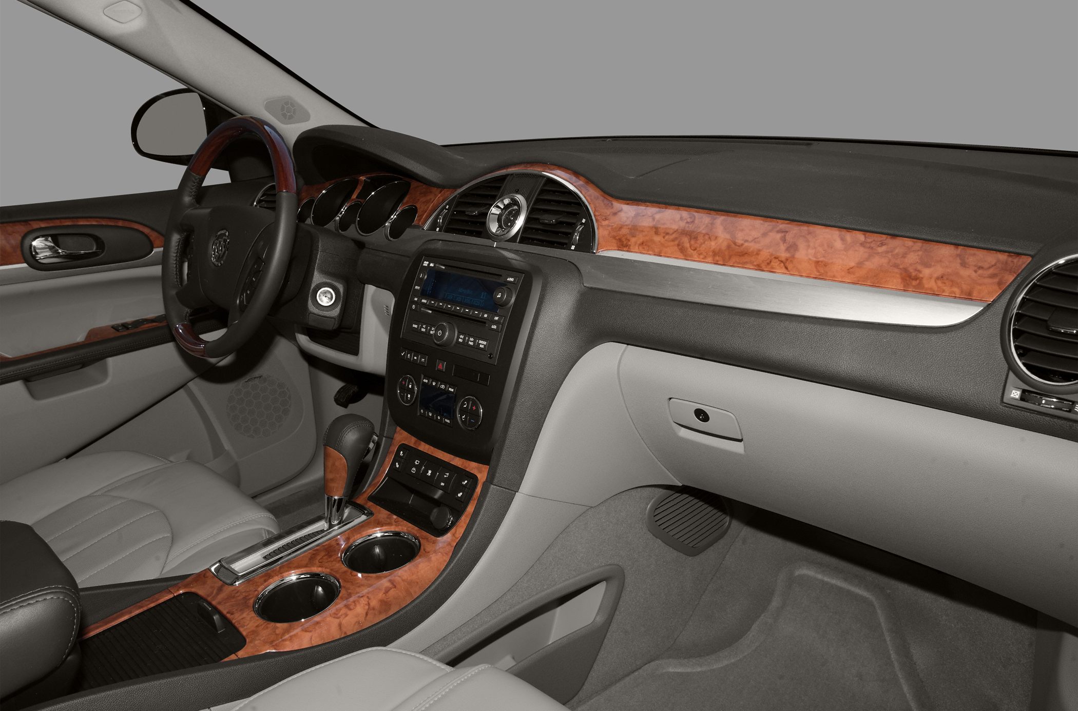 Luxury SUV interior with wood trim and center console