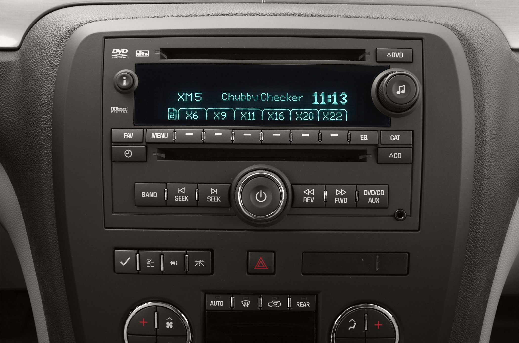 DVD audio system and climate control buttons on car dashboard