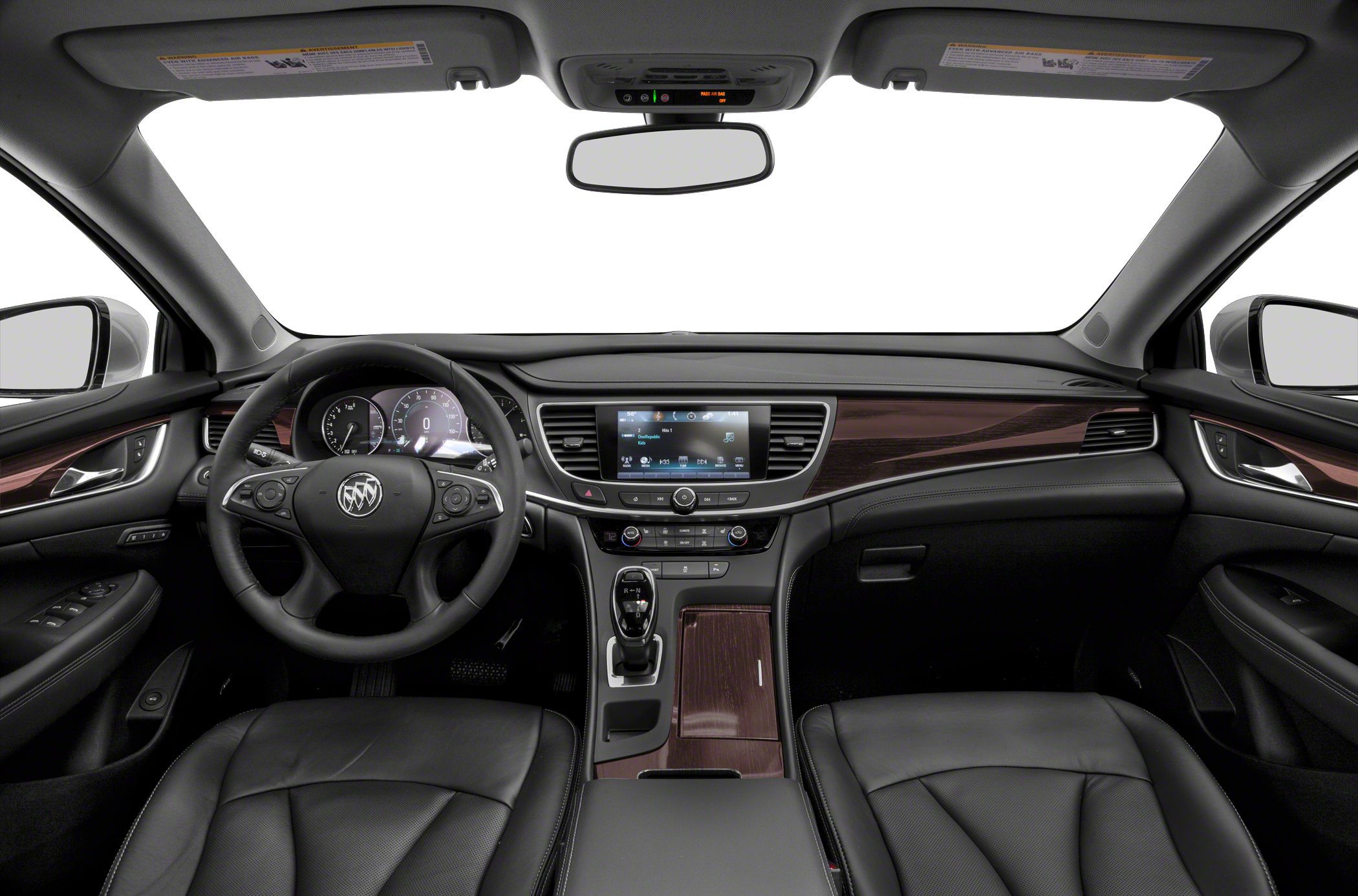Modern car interior with digital dashboard and leather seats