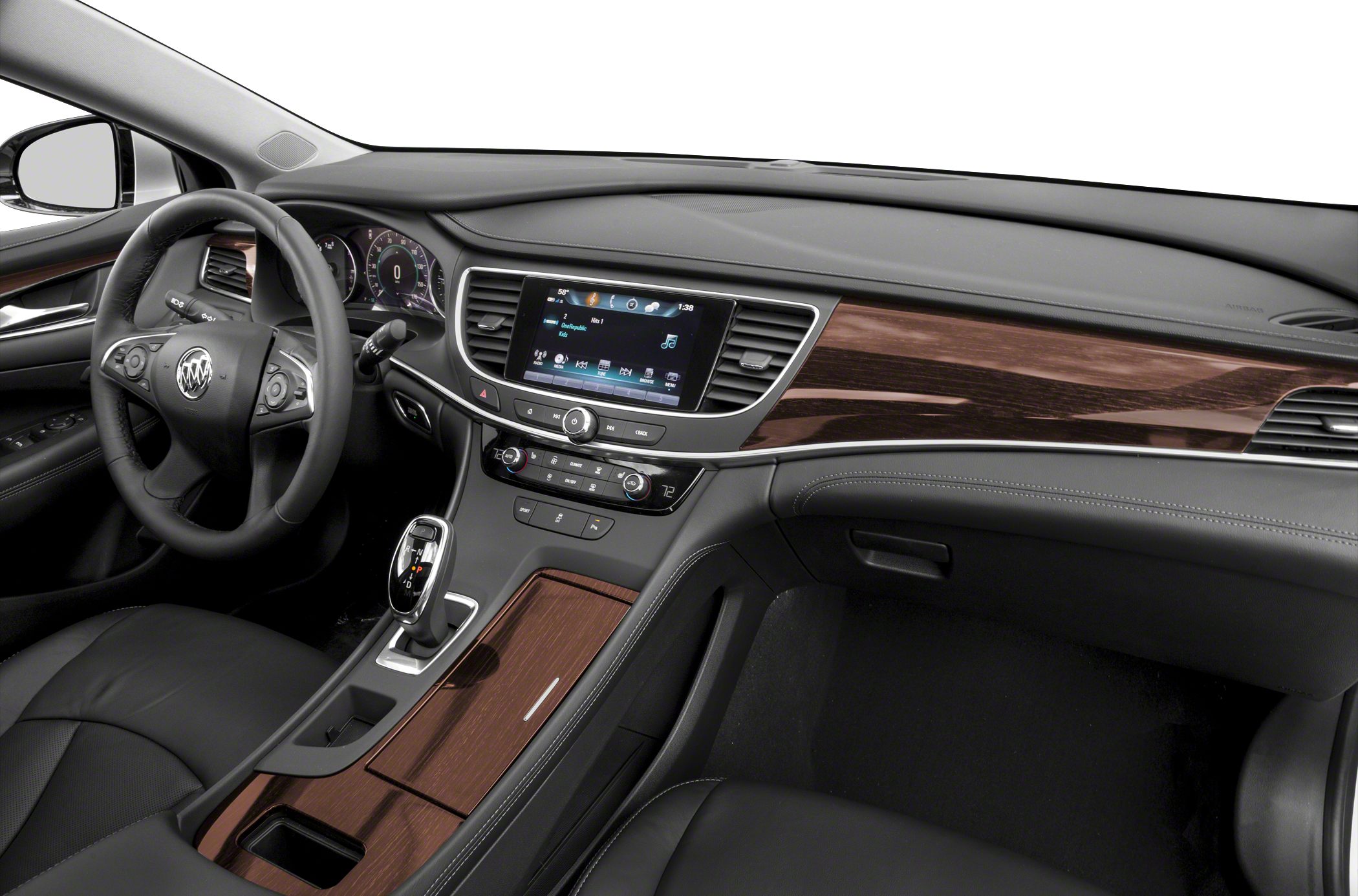 Interior with wood trim, touchscreen infotainment, automatic gear shift