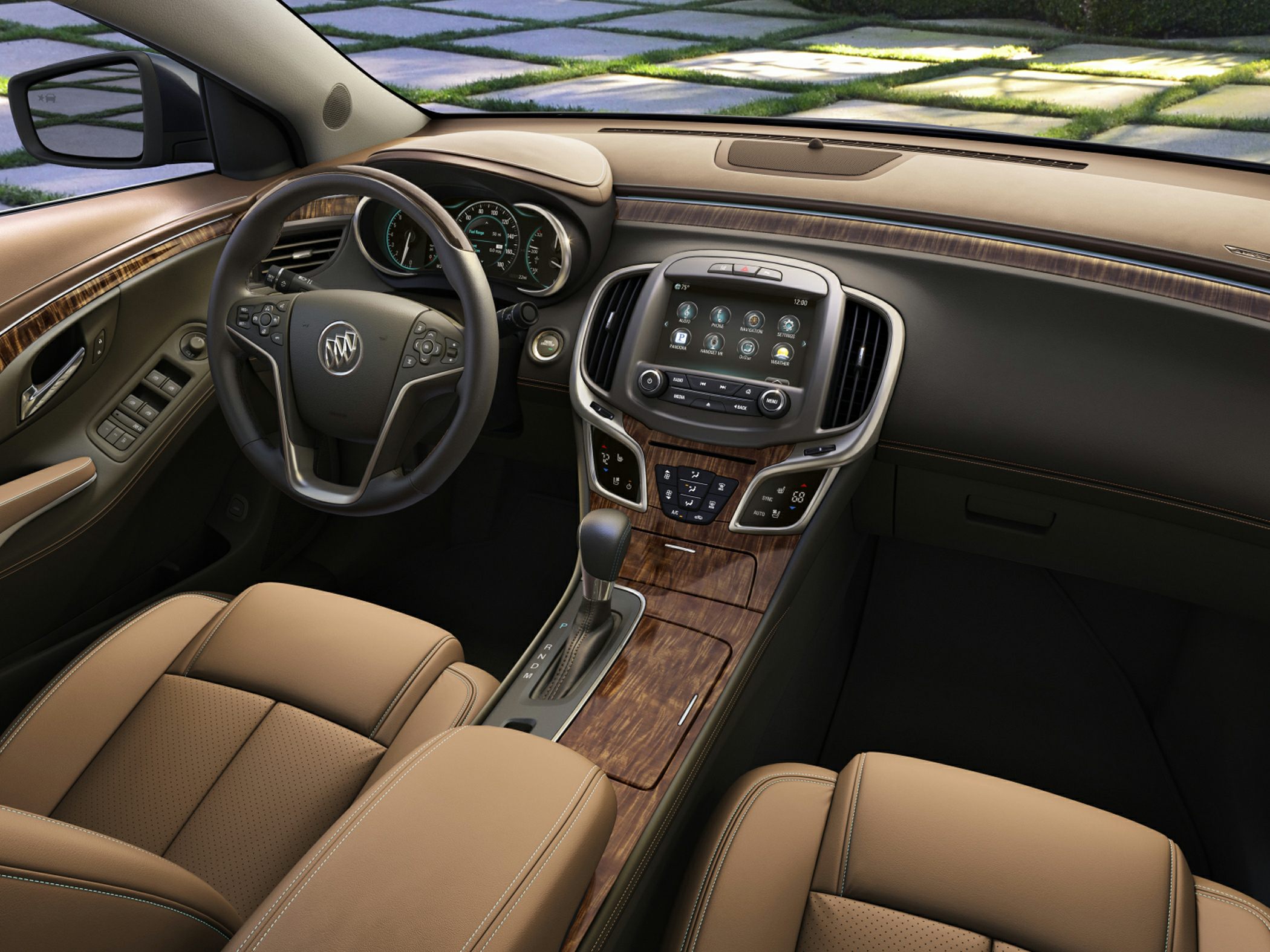 Wood trim dashboard with advanced infotainment and leather seats