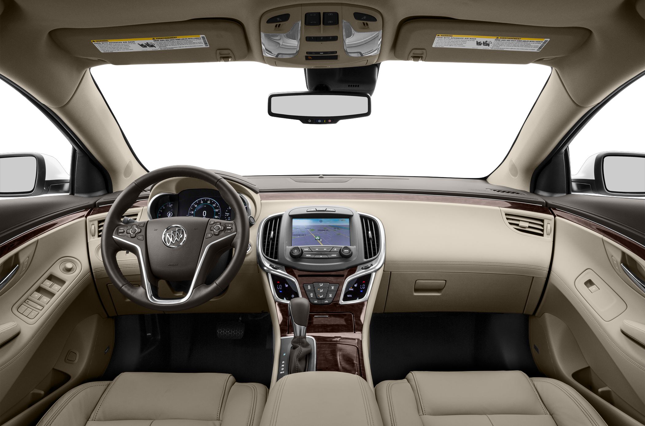 Dashboard, infotainment, steering wheel, gear shift, beige leather interior