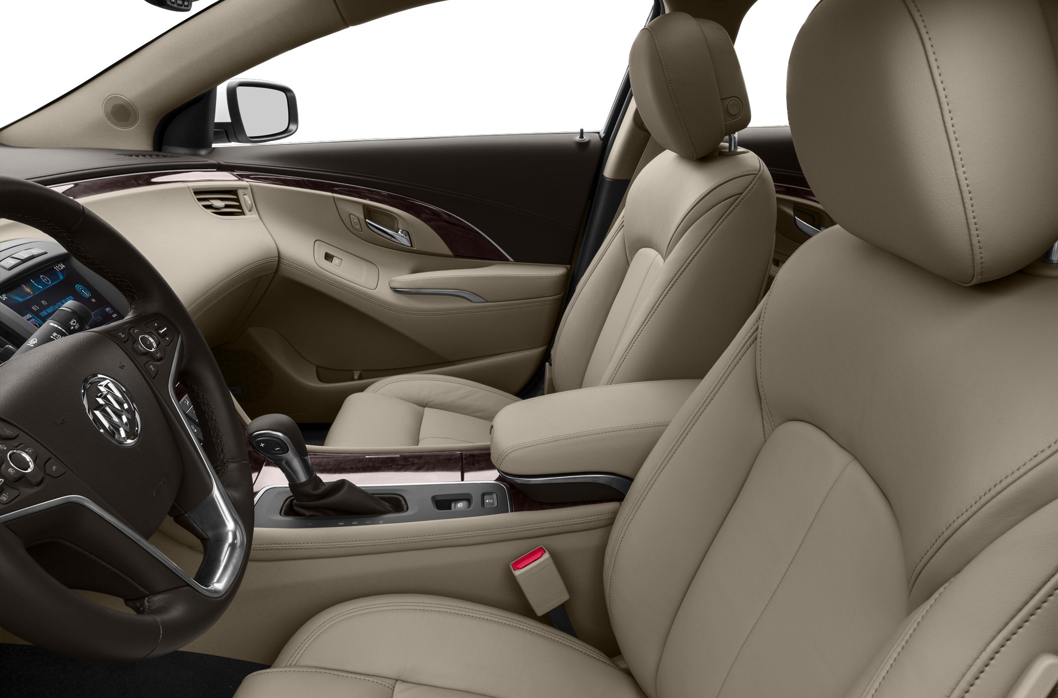 Beige leather front seats and center console with wood accents