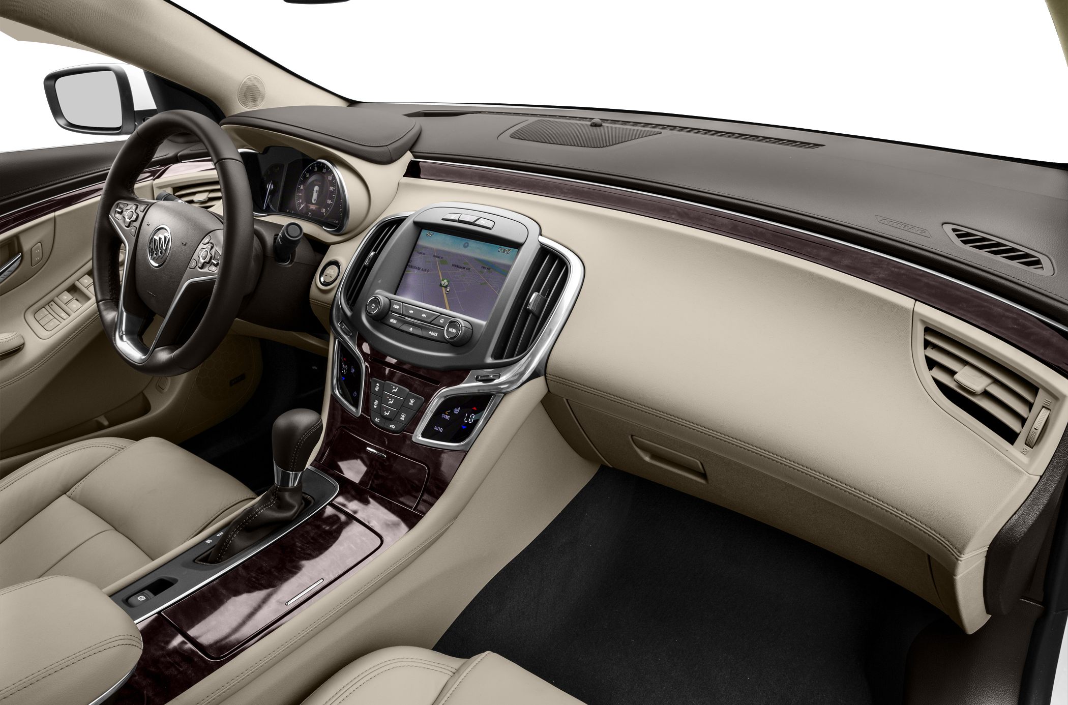 Touchscreen infotainment system and wood trim dashboard in beige interior