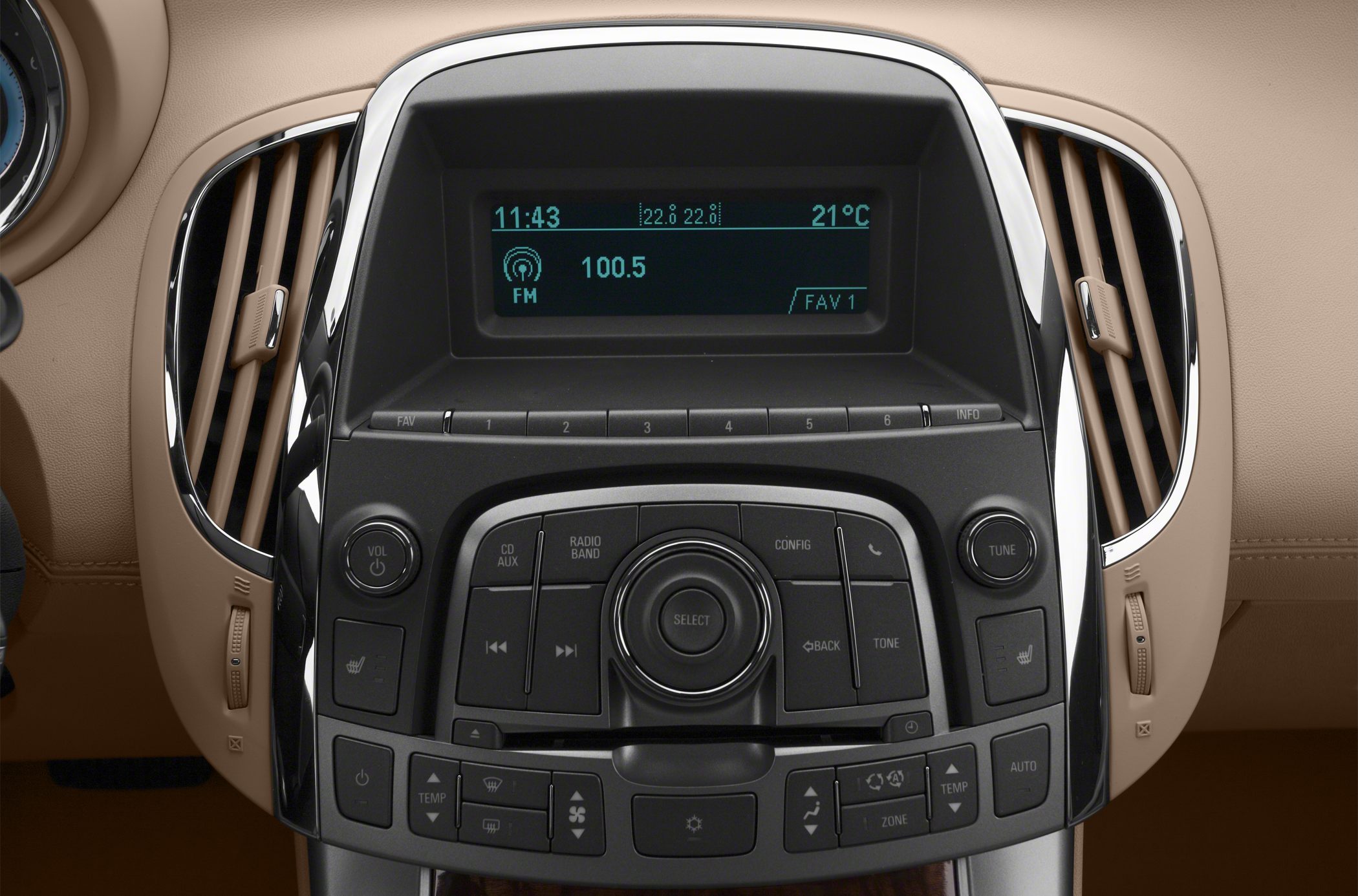 Car center dashboard with radio, climate controls, and air vents