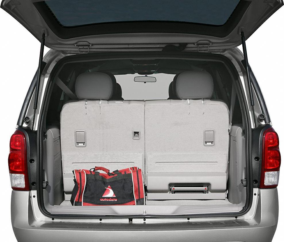 Rear cargo space with upright third-row seats and luggage bag