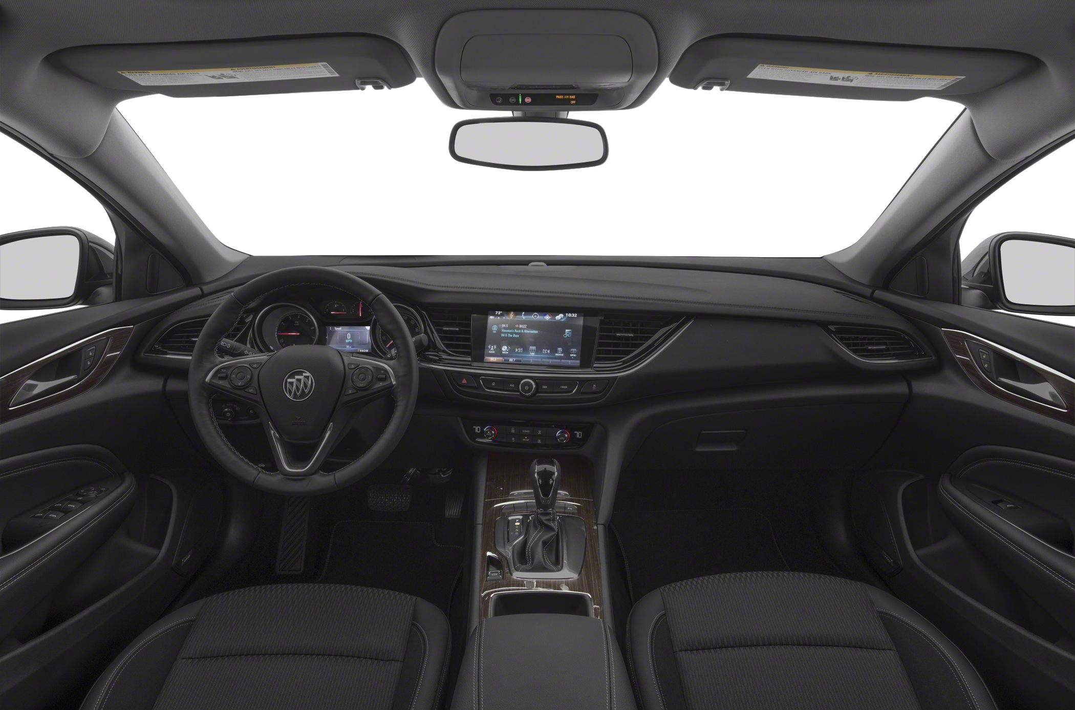 Dashboard and steering wheel with center console featuring gear shift and controls