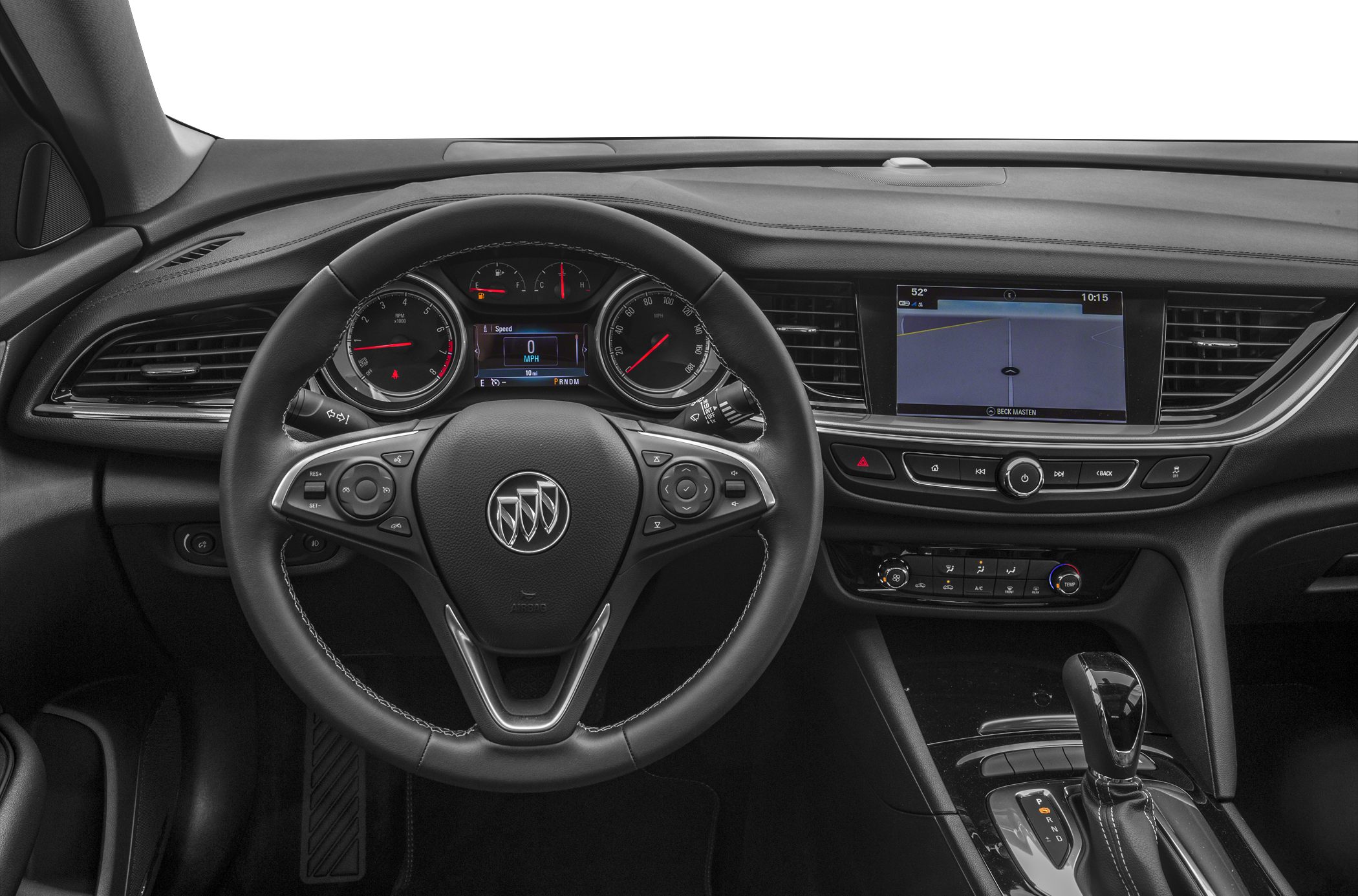 Steering wheel with controls and dashboard with infotainment screen, gear shifter, and climate control