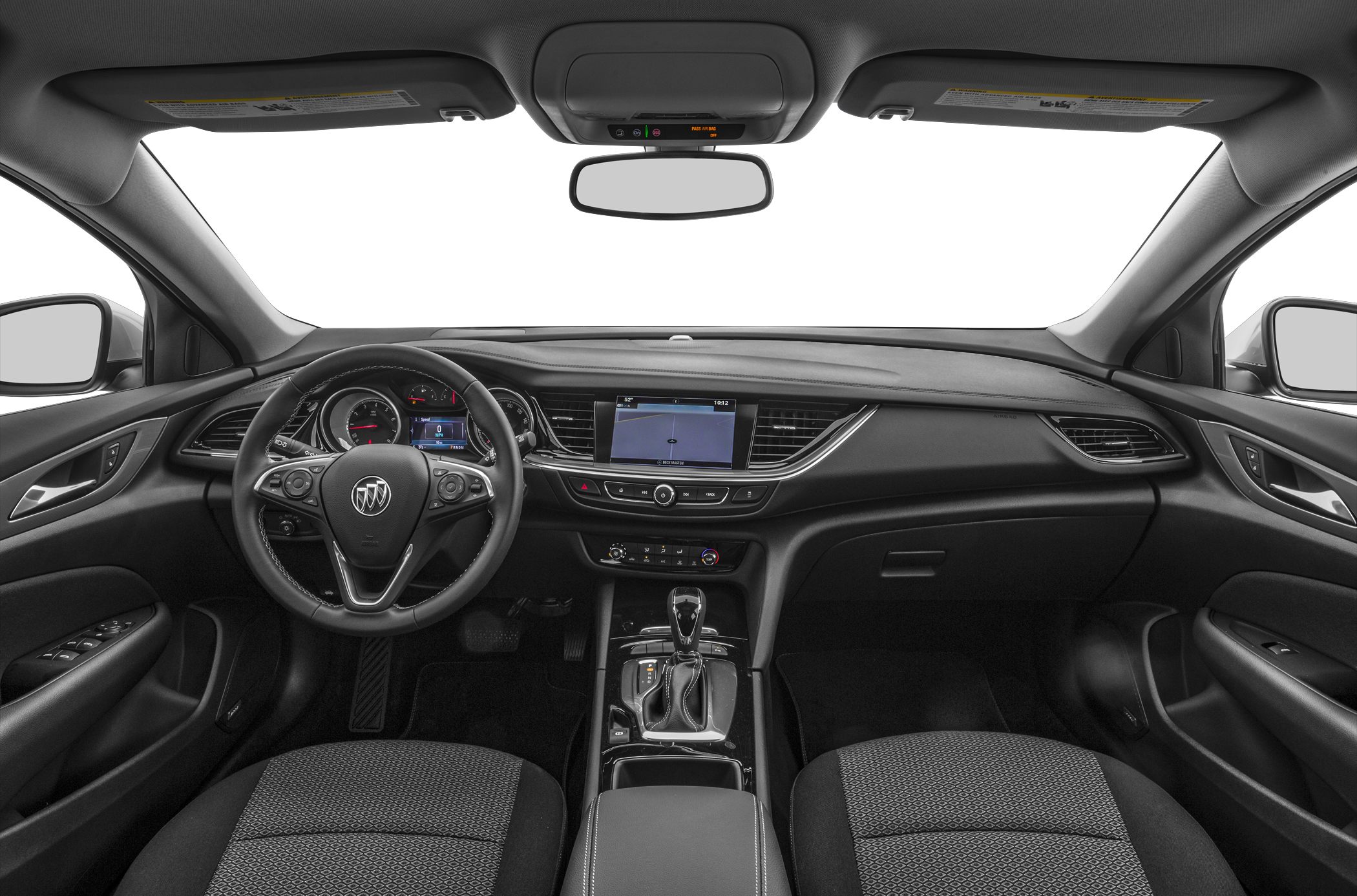 Dashboard, steering wheel with controls, and infotainment screen interior view