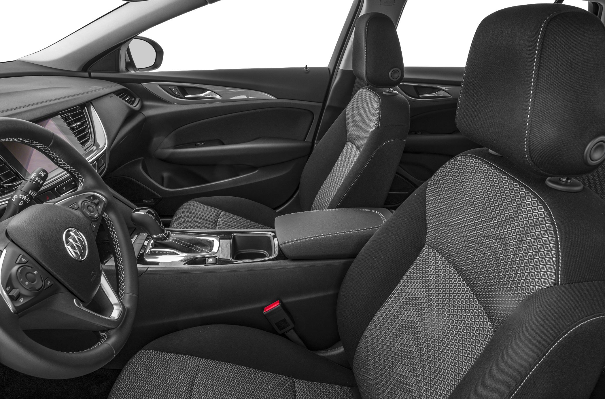 Stylish fabric seats and dashboard with center console in a modern car interior