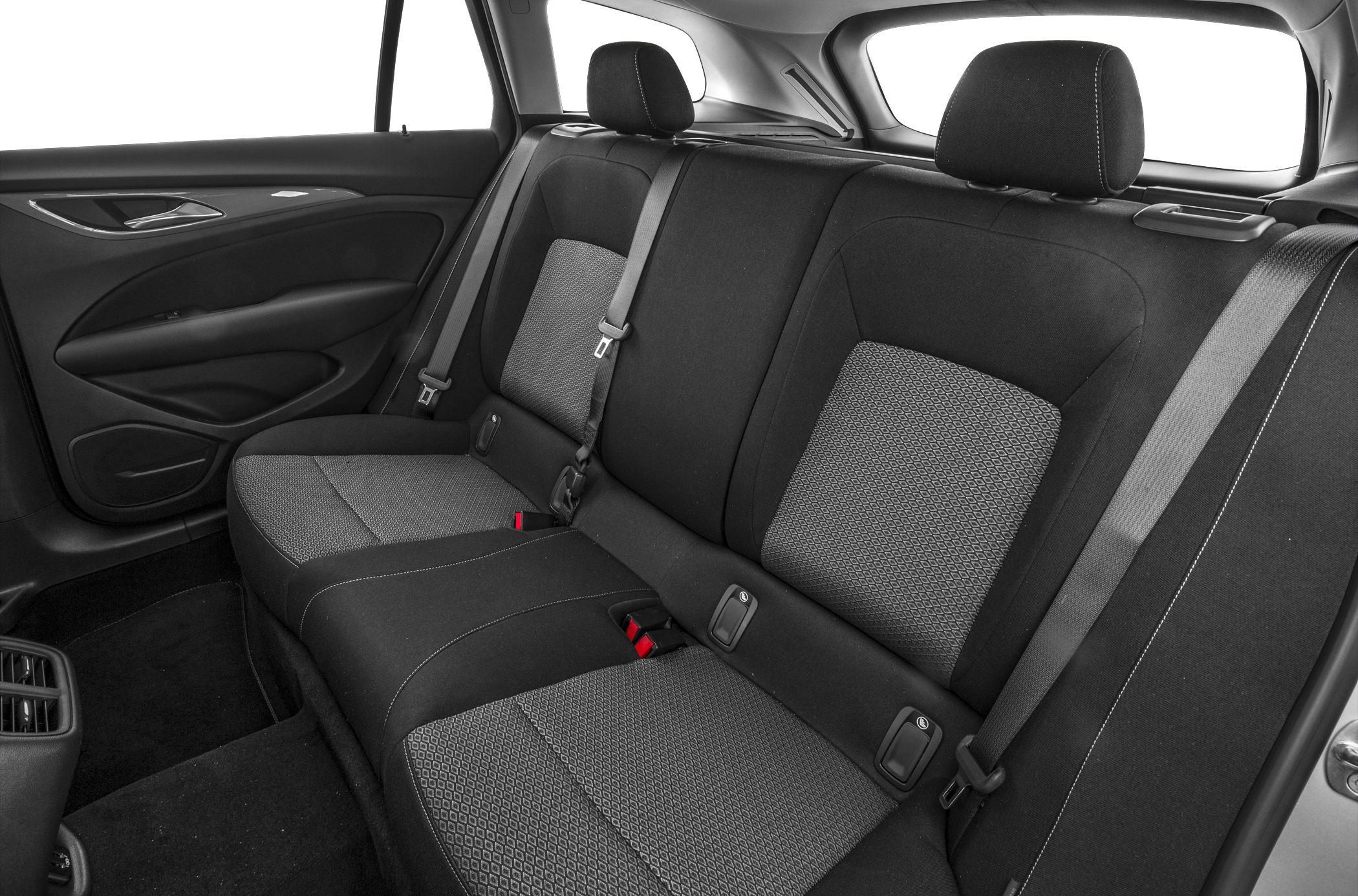 Rear seat interior with fabric upholstery and seatbelt setup