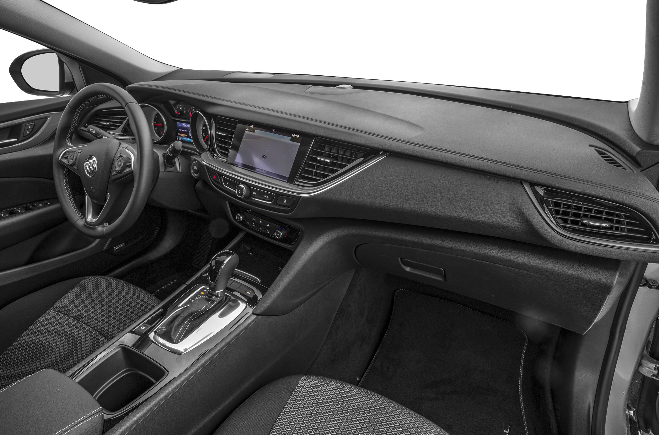Modern car dashboard and center console with touchscreen and automatic gear shift