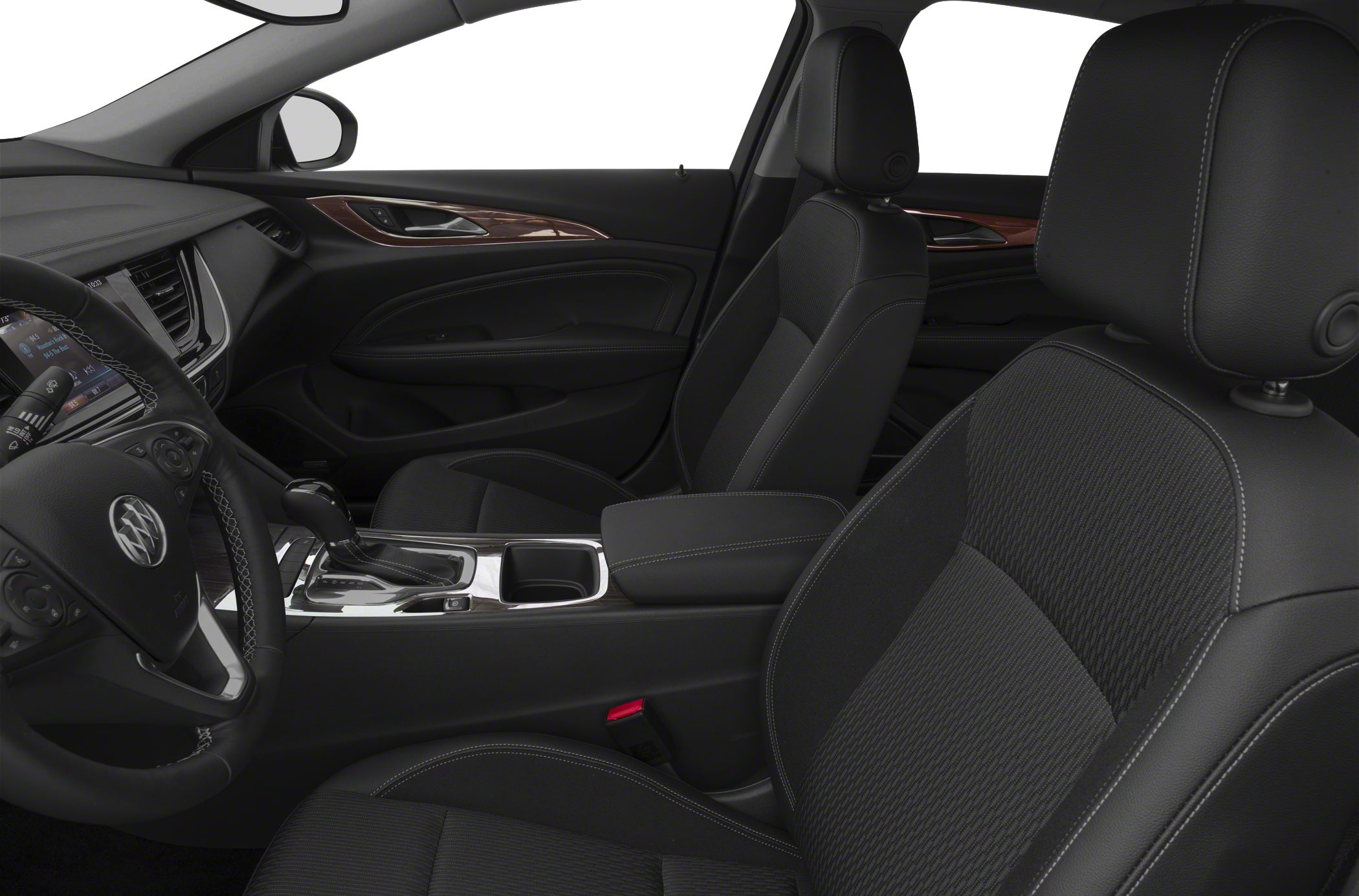 Front interior with seats, dashboard, and center console in black upholstery.
