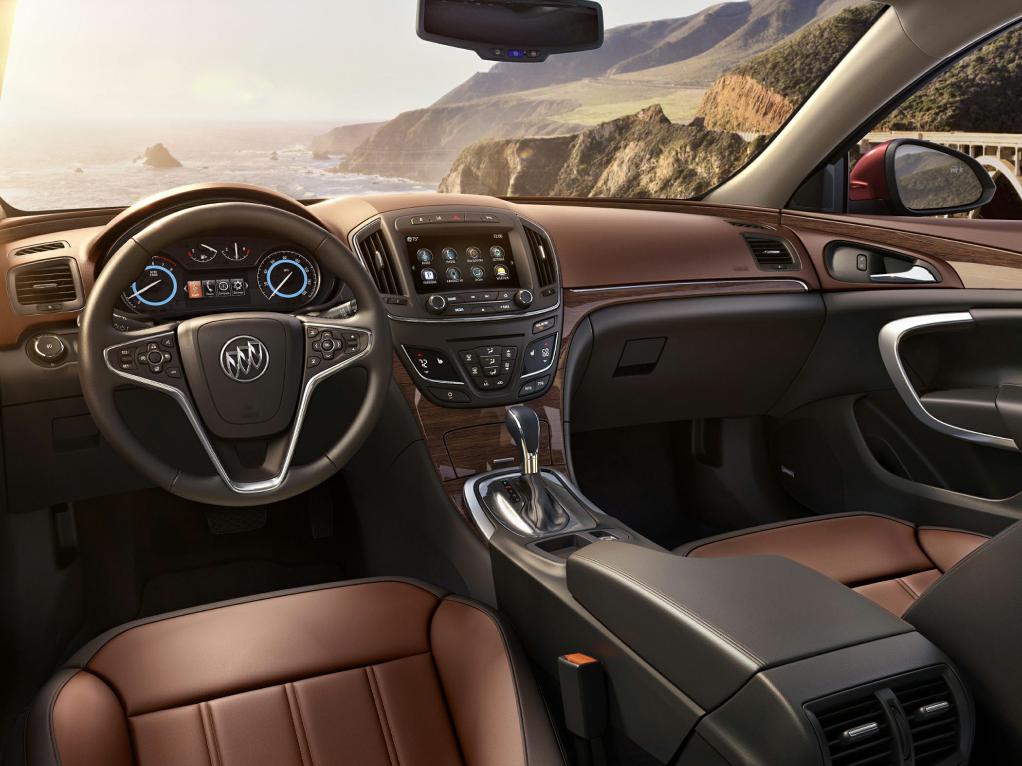 Luxury car interior with infotainment system and brown leather seats