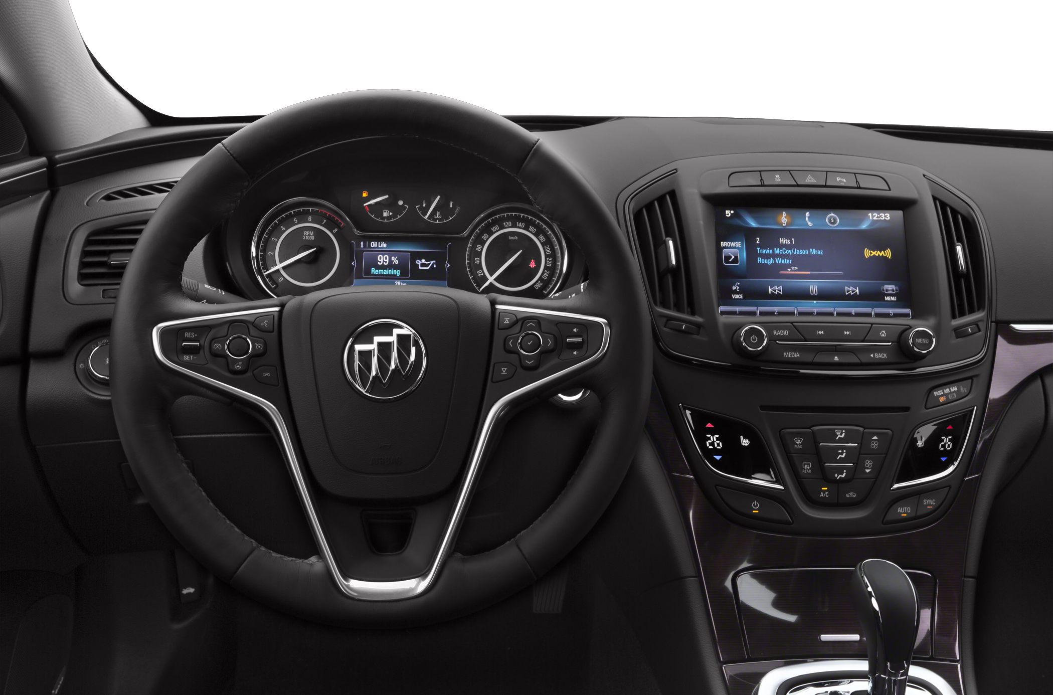 Modern car dashboard and multifunction steering wheel with digital displays and climate control