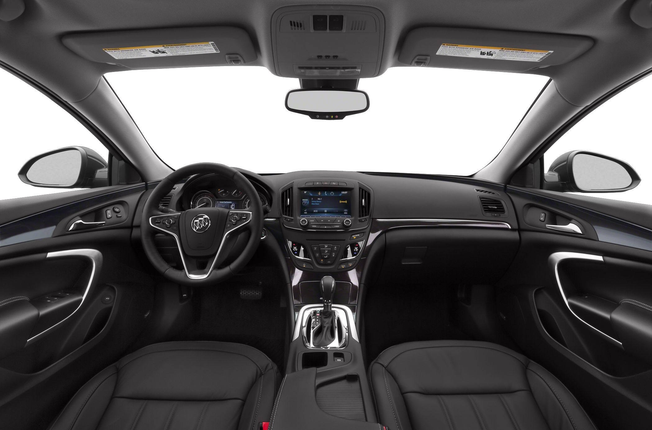 Modern car dashboard and steering wheel with infotainment system and leather seats